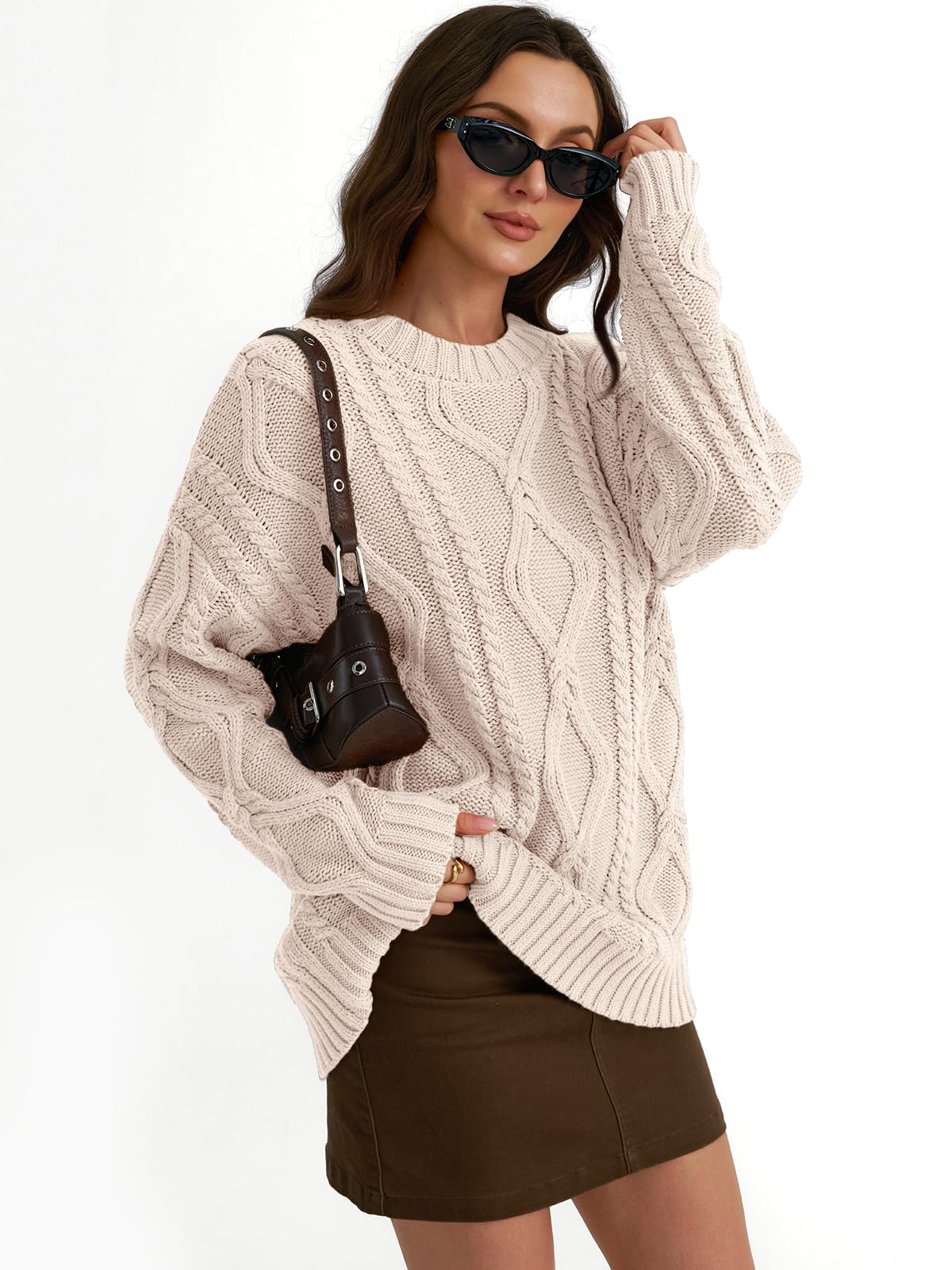 Trendy Queen Oversized Sweaters Womens Plus Size 2025 Fall Fashion Outfits Cable Knit Crewneck Pullover Cute Chunky Long Tunic Top Winter Old Money Clothes with Leggings Cream - The One Stop Deals