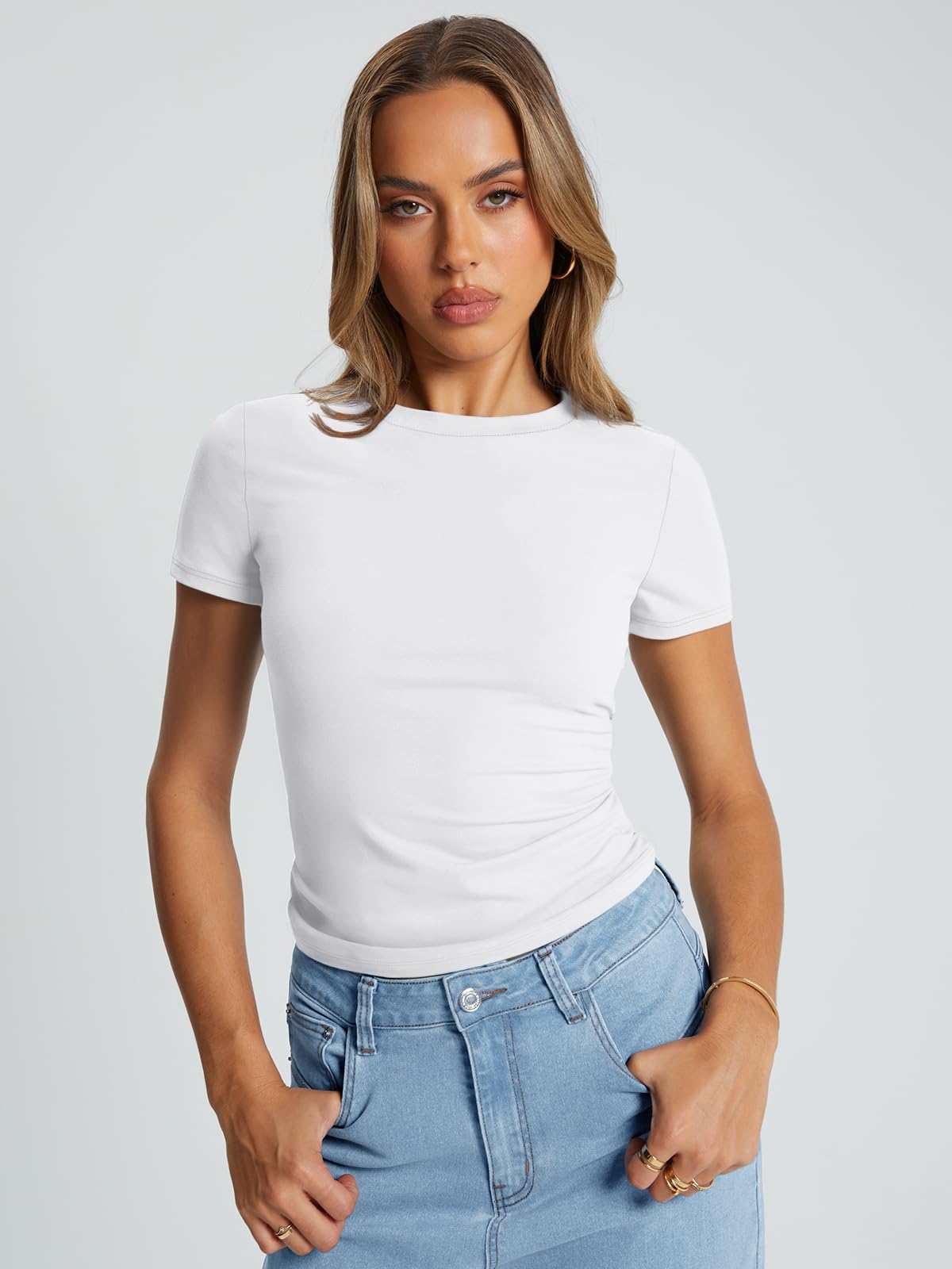 Trendy Queen Womens Basic Short Sleeve Slim Fit T Shirts Soft Crewneck Crop Y2k Tee Summer Cute Gym Fashion Clothes White Medium - The One Stop Deals