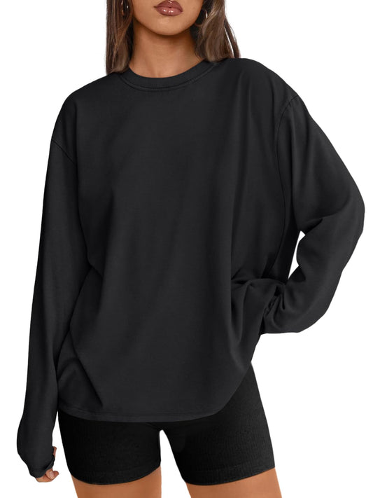 Trendy Queen Womens Oversized Long Sleeve T Shirts 2025 Basic Crewneck Tee Fall Tops Casual Workout Y2K Clothes Black L - The One Stop Deals