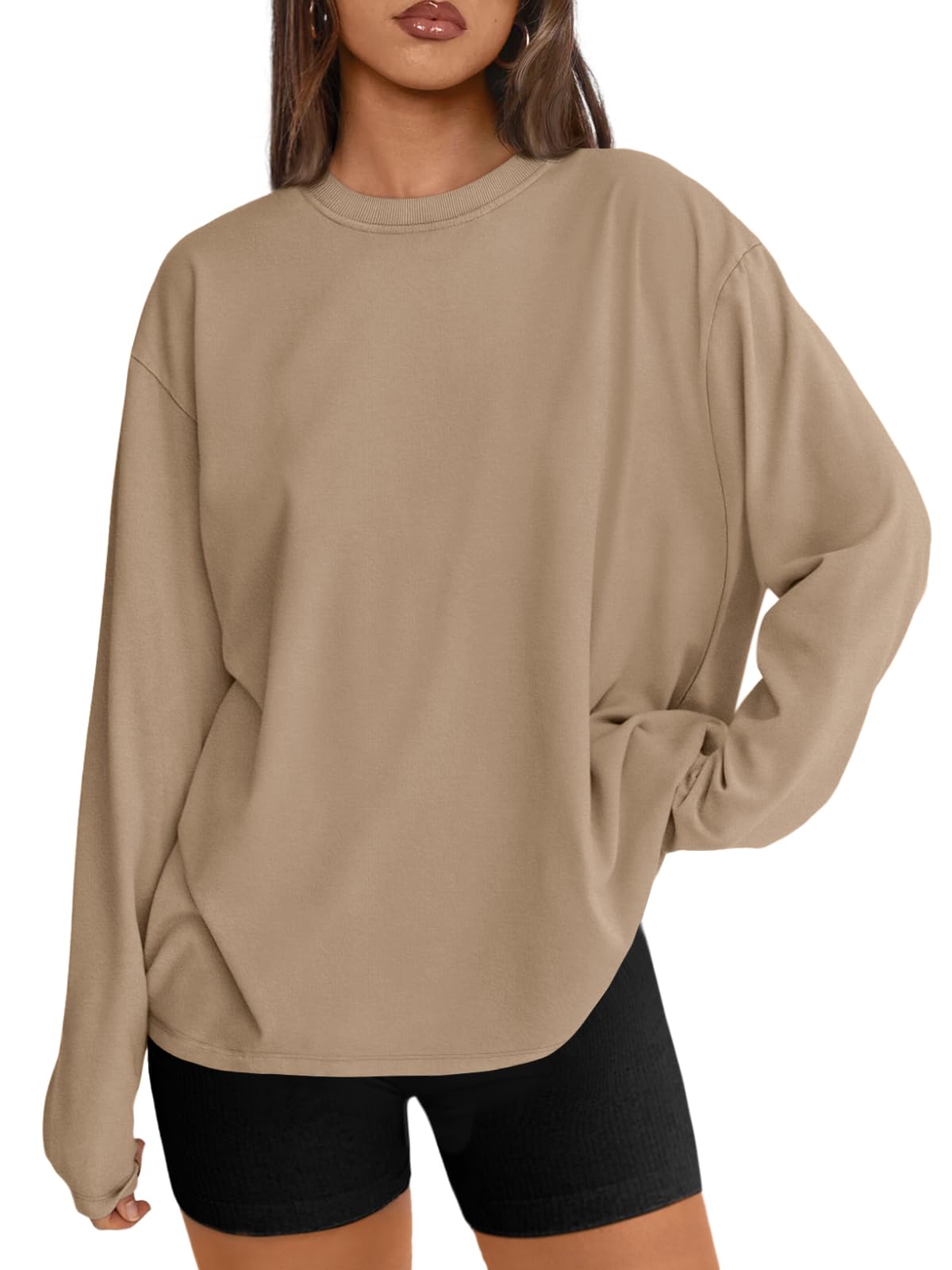 Trendy Queen Womens Oversized Long Sleeve T Shirts 2025 Basic Crewneck Tee Fall Tops Casual Workout Y2K Clothes Khaki M - The One Stop Deals