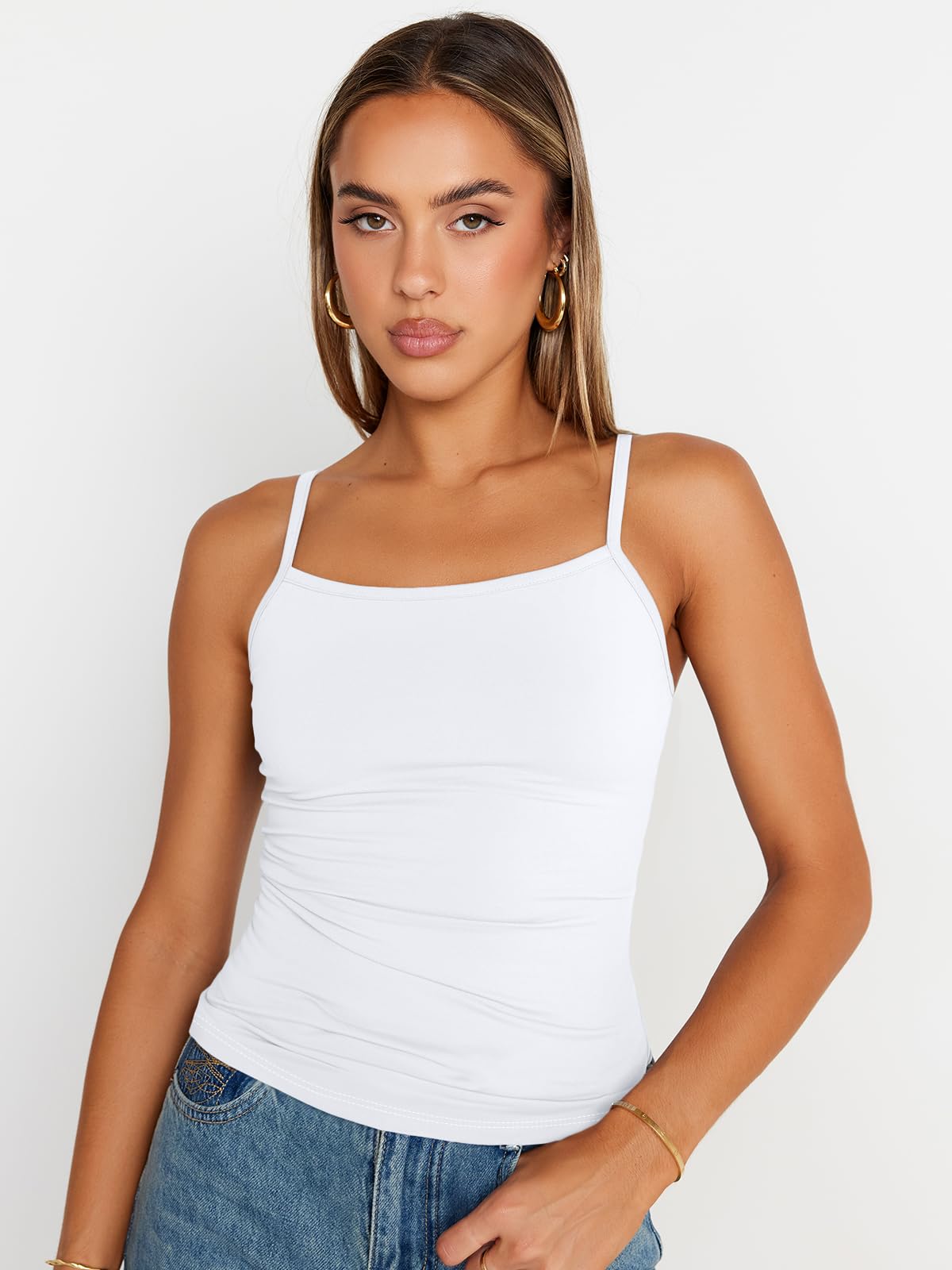 Trendy Queen Womens Tank Summer White Tops 2025 Camisole Y2k Cute Square Neck Crop Going Out Sexy Teen Girls Sleeveless Spaghetti Fashion Shirts Clothes Outfits Basic Workout Gym Casual S - The One Stop Deals