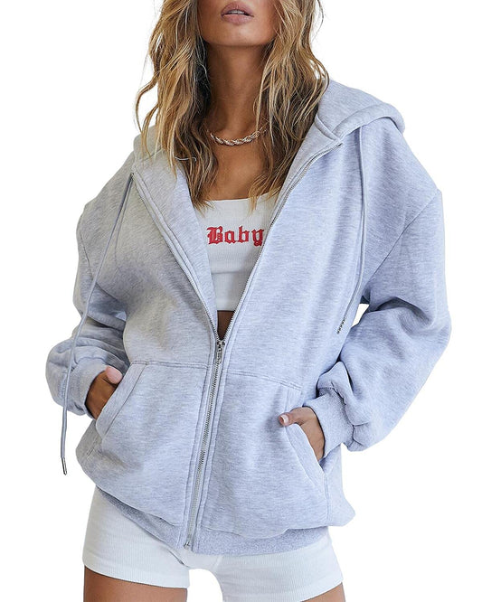 Trendy Queen Womens Zip Up Hoodies Oversized Sweatshirts Fall Fashion Outfits Casual Jackets 2025 Winter Clothes Grey M - The One Stop Deals