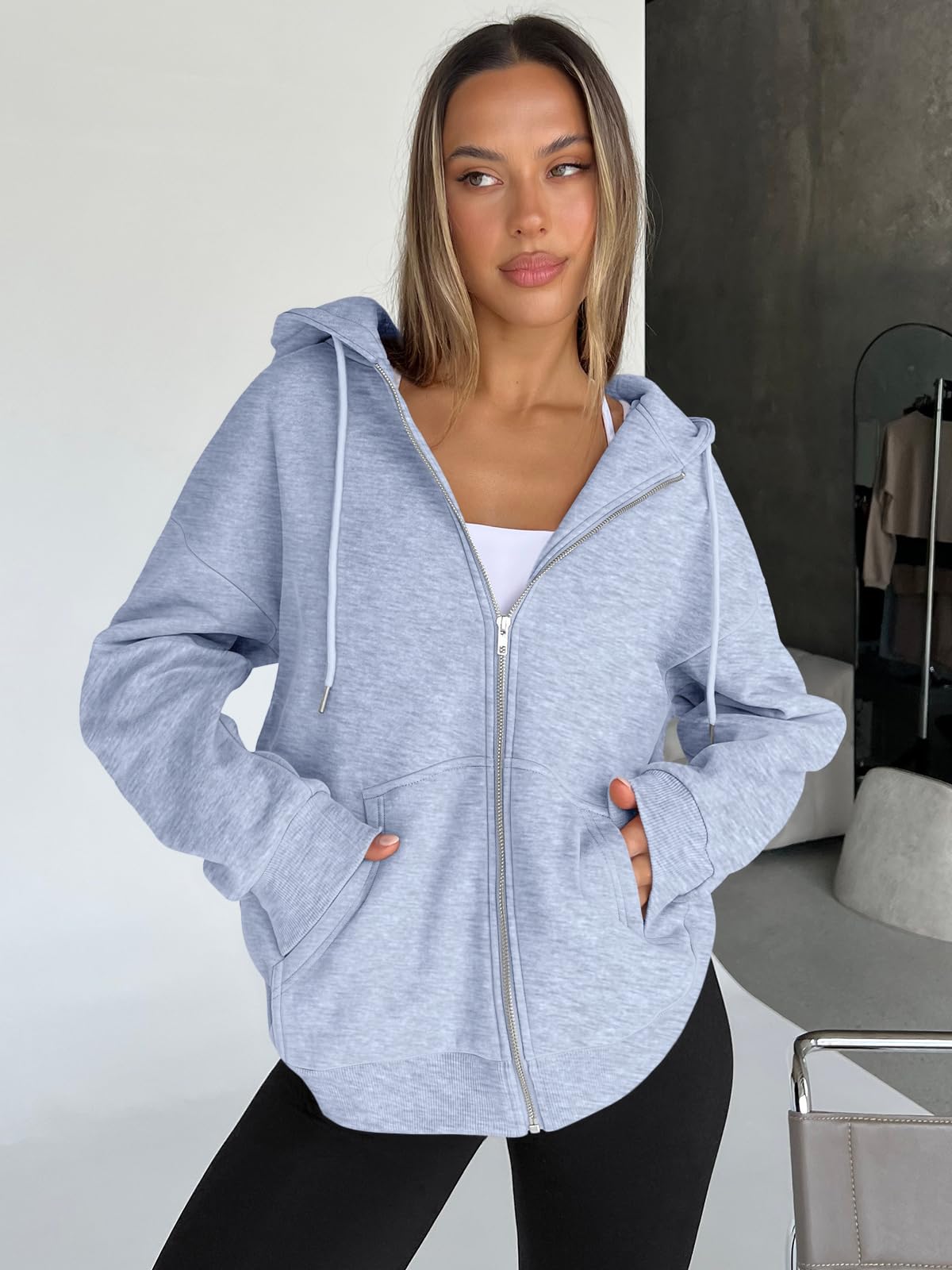 Trendy Queen Womens Zip Up Hoodies Oversized Sweatshirts Fall Fashion Outfits Casual Jackets 2025 Winter Clothes Grey M - The One Stop Deals