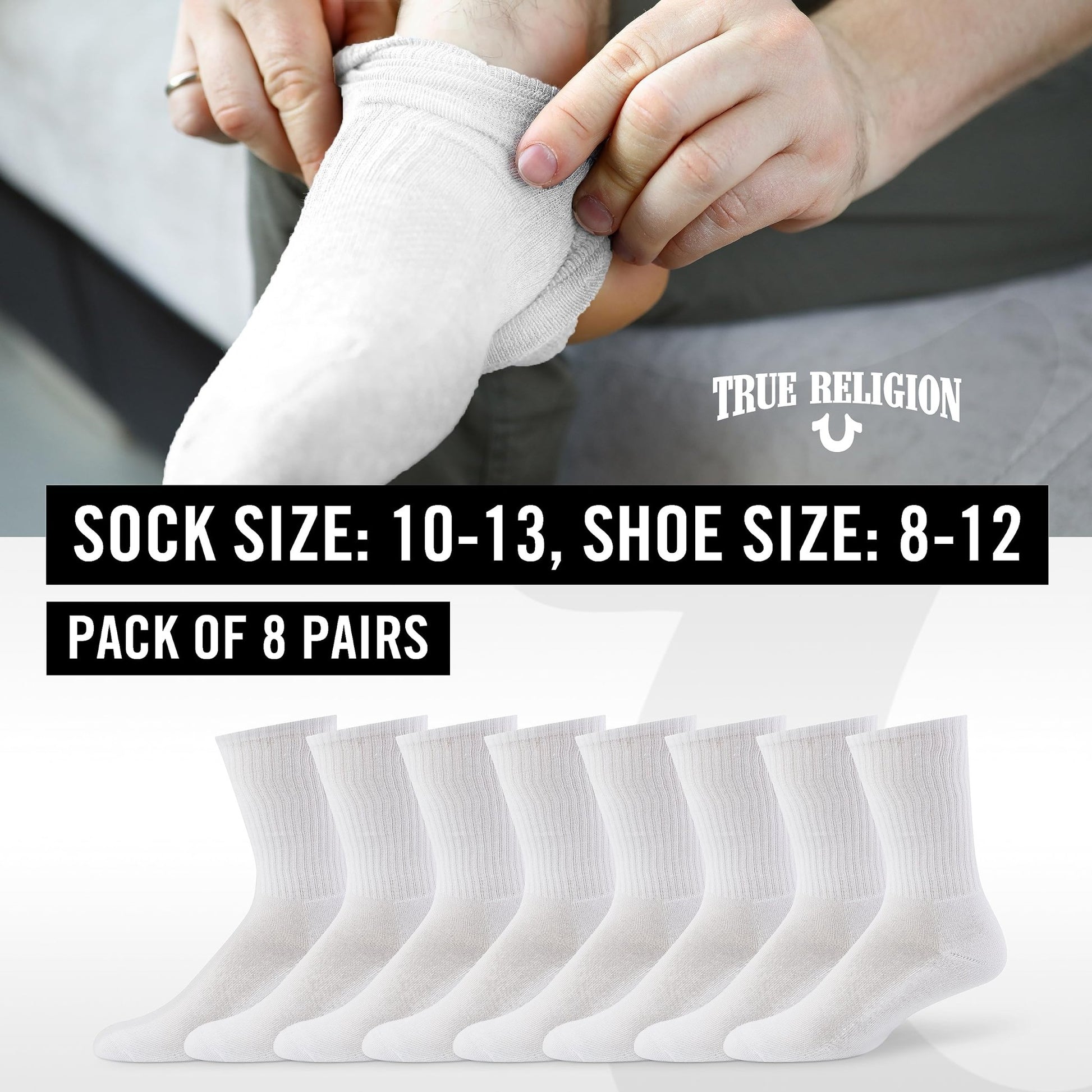 True Religion Mens Socks Crew Socks for Men Premium Athletic Men's Socks 8 Pairs White, Shoe Size 8 - 12 - The One Stop Deals