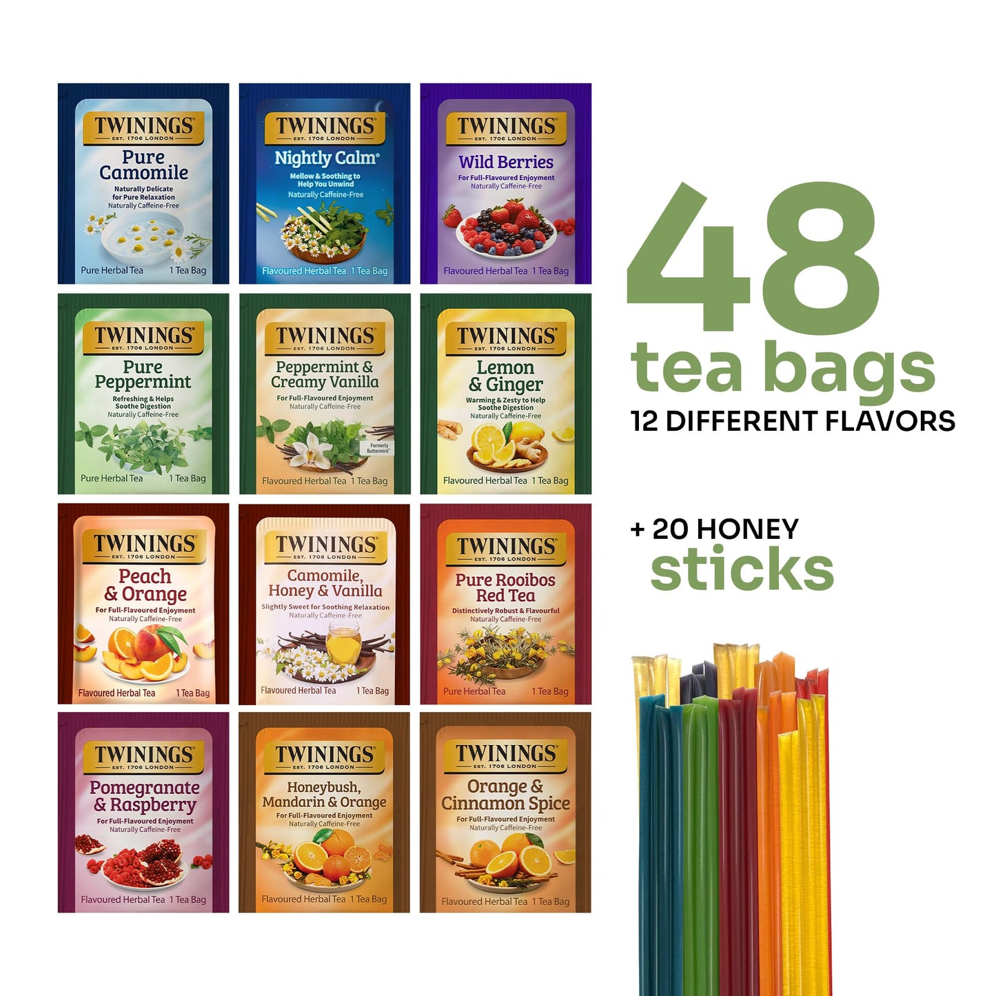 Twinings 48 Tea Bags Variety Pack – 12 Flavors Tea Gift Basket with 20 Honey Sticks, Assorted Tea Bags Individually Wrapped, Perfect Tea Gift Set for Holidays or Tea Lovers - The One Stop Deals