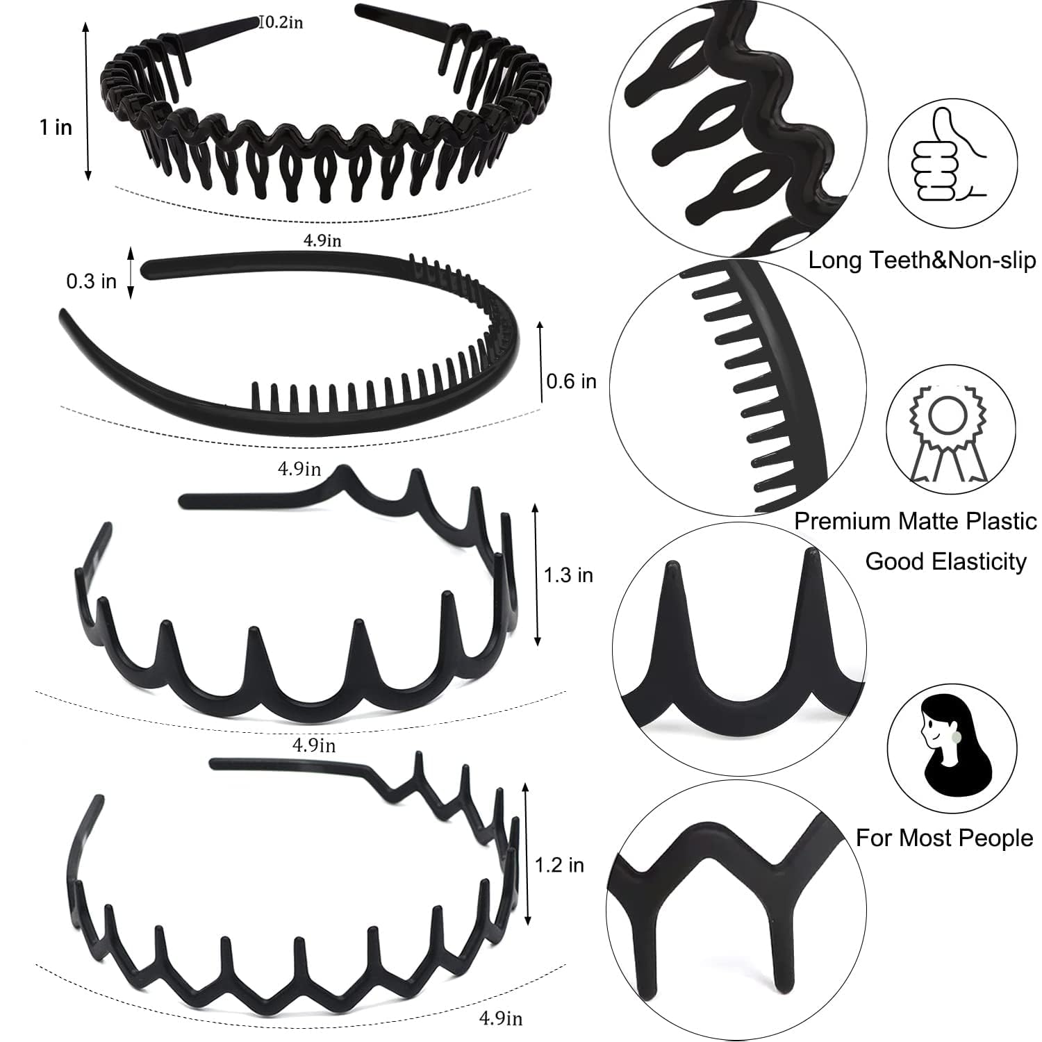 ULTIMUTE 8 PCS Fashion No Slip Effortless Plastic Headbands with Teeth Comb Black Skinny Hair Accessories Bands for Women Men Teen Girls, Matte Black - The One Stop Deals