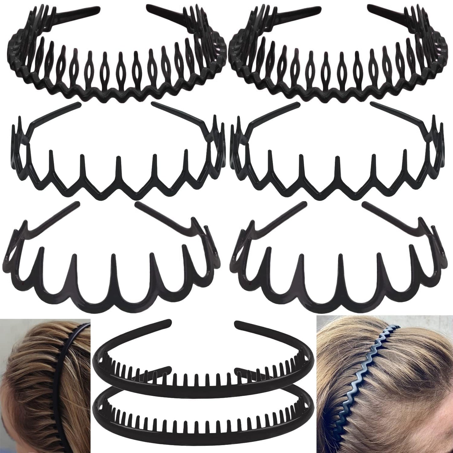 ULTIMUTE 8 PCS Fashion No Slip Effortless Plastic Headbands with Teeth Comb Black Skinny Hair Accessories Bands for Women Men Teen Girls, Matte Black - The One Stop Deals