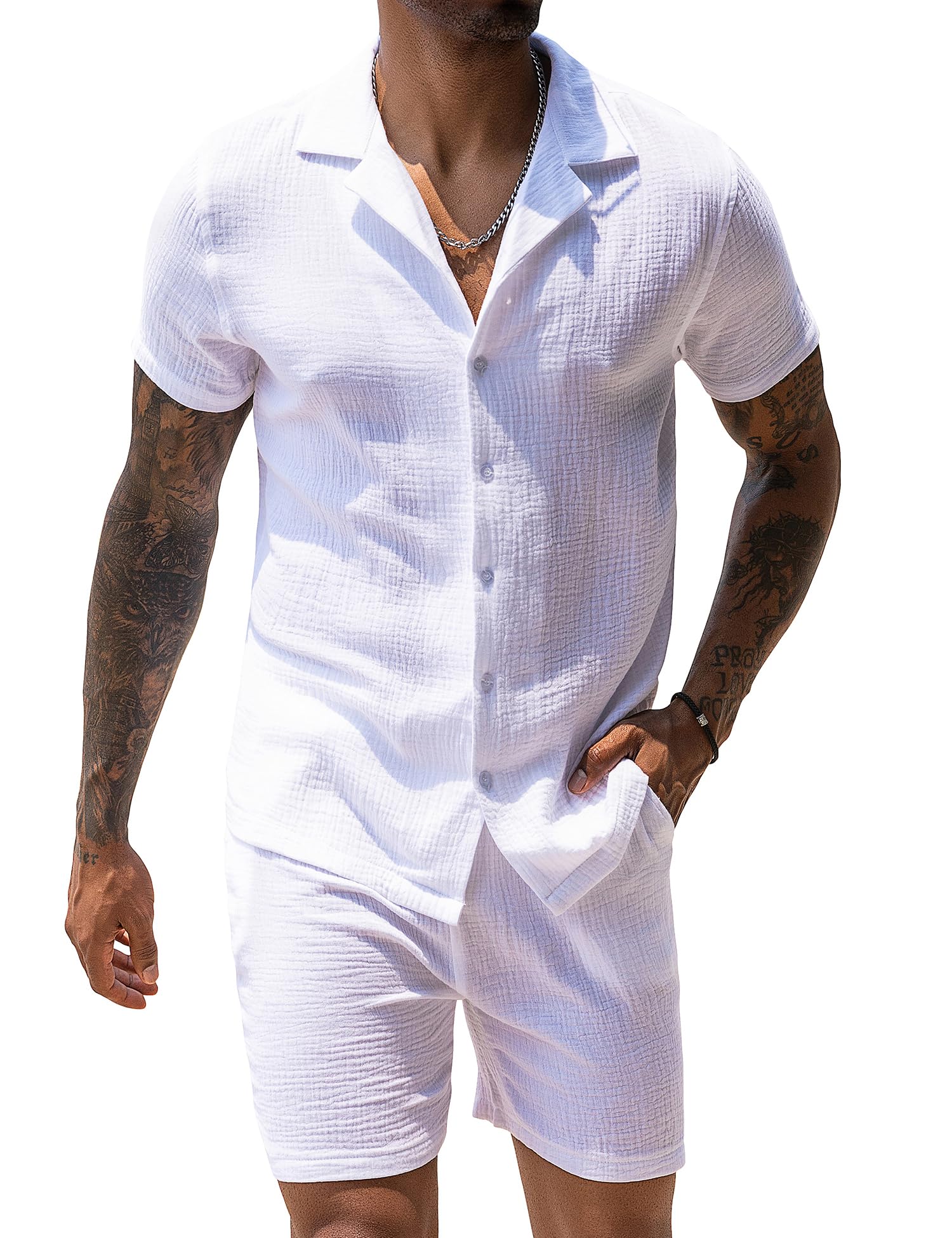 URRU White Mens Sets 2025 Summer Casual Fashion Button Down Shirt and Shorts Beach Tropical Vacation Outfits White XXL - The One Stop Deals