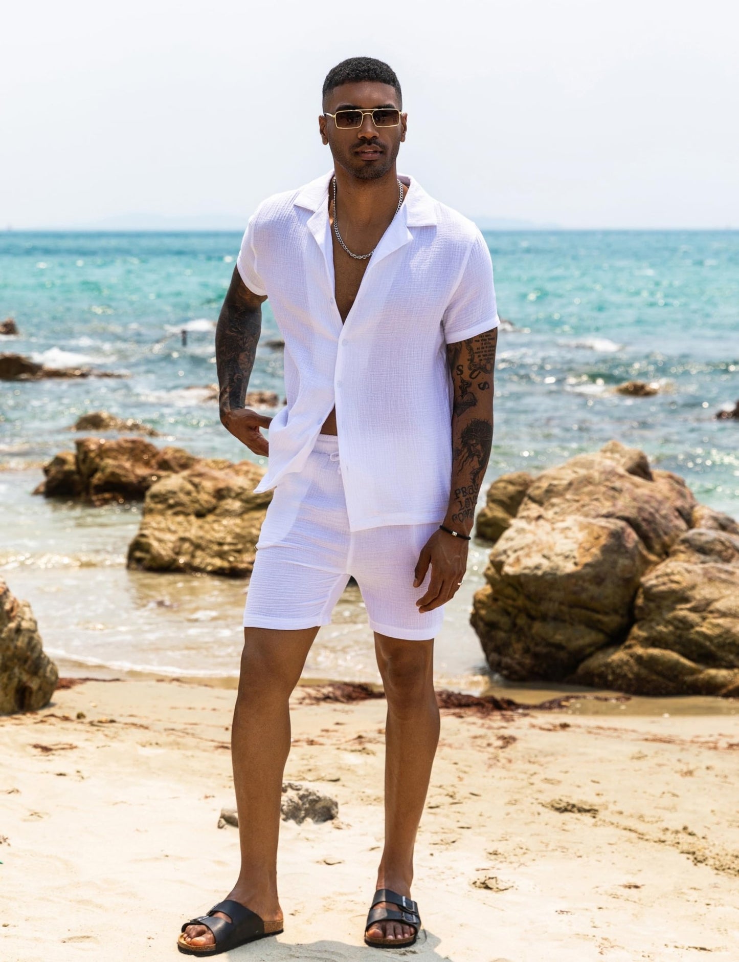 URRU White Mens Sets 2025 Summer Casual Fashion Button Down Shirt and Shorts Beach Tropical Vacation Outfits White XXL - The One Stop Deals