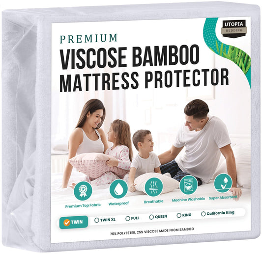 Utopia Bedding Premium Waterproof Mattress Protector Twin Size, Viscose Made from Bamboo Mattress Cover, Breathable, Fitted Style with Stretchable Pockets (White) - The One Stop Deals