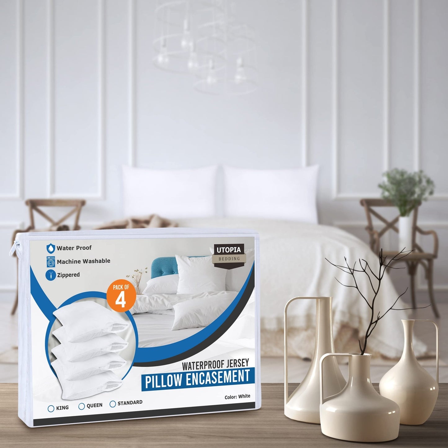 Utopia Bedding Waterproof Queen Size Pillow Protectors Zippered (4 Pack, White), Dust Mite and Bed Bug Proof Pillow case Protectors, Moisture Wicking Pillow Encasement Covers 20 x 28 Inches - The One Stop Deals