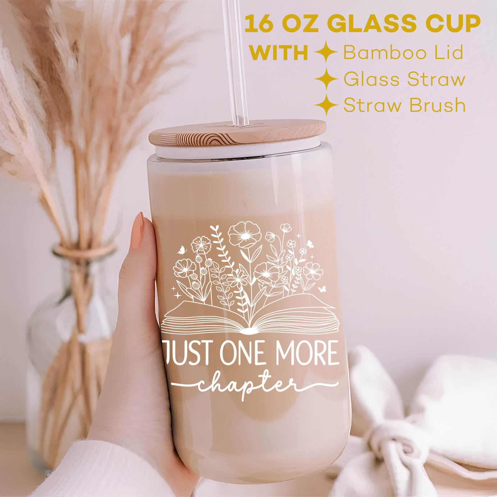 Vanteen Just One More Chapter - Book Lovers Gifts for Women - Book Club Reading Accessories Bookish Gifts for Book Readers - 16 Oz Glass Coffee Cup - The One Stop Deals