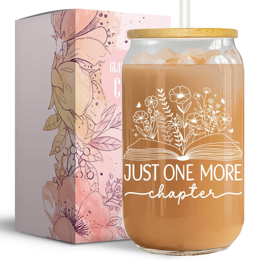 Vanteen Just One More Chapter - Book Lovers Gifts for Women - Book Club Reading Accessories Bookish Gifts for Book Readers - 16 Oz Glass Coffee Cup - The One Stop Deals