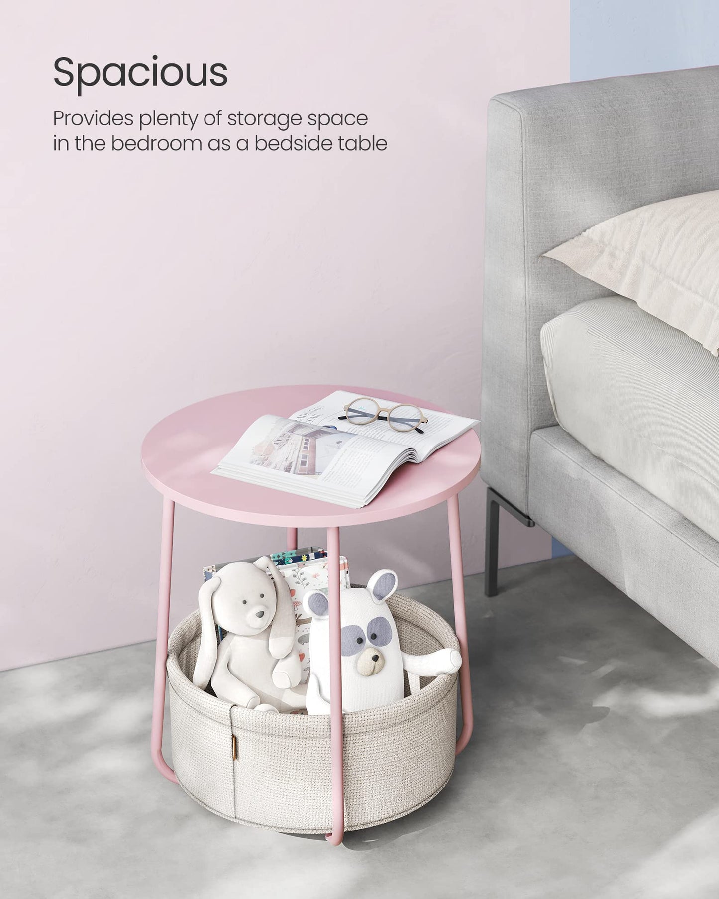 VASAGLE End Table, Small Bedside Table with Fabric Basket, Modern Nightstand, Round Side Table, for Living Room, Bedroom, Jelly Pink and Cream White ULET223R61 - The One Stop Deals