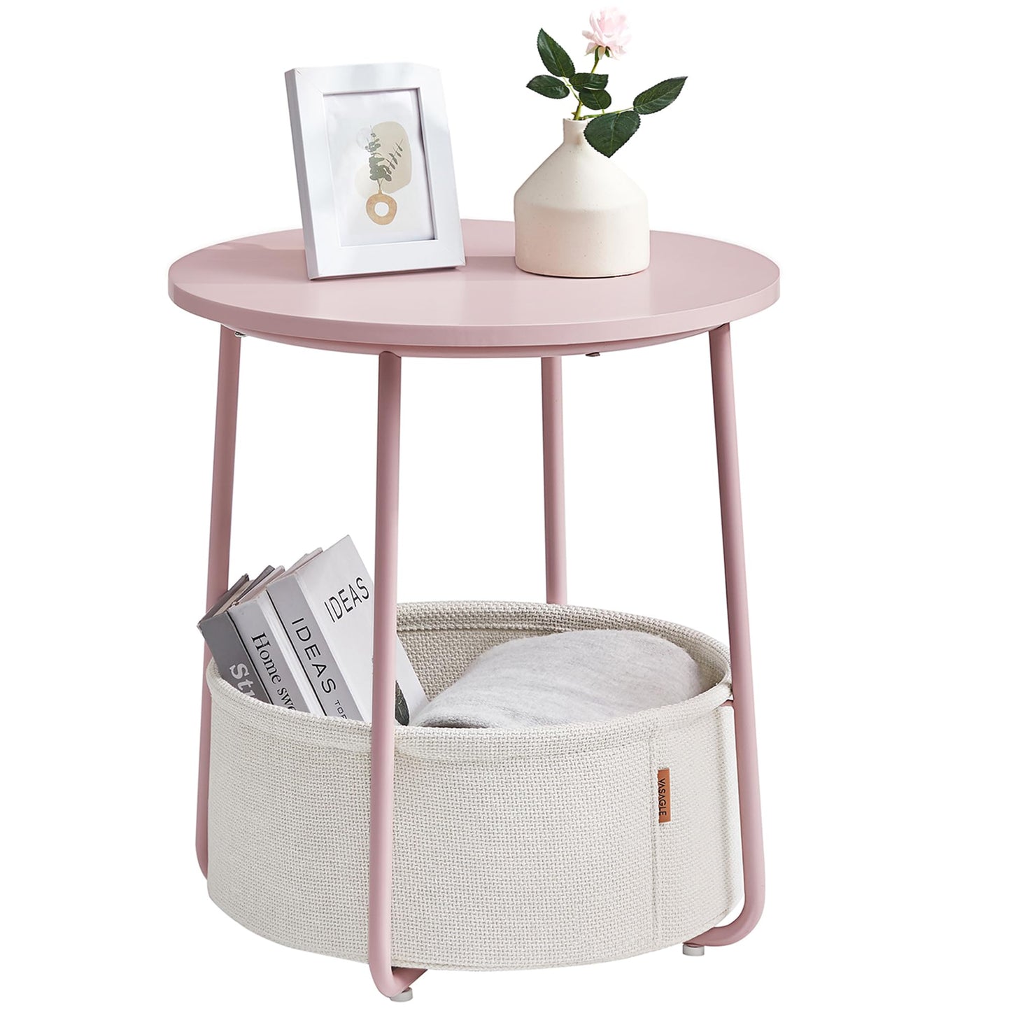 VASAGLE End Table, Small Bedside Table with Fabric Basket, Modern Nightstand, Round Side Table, for Living Room, Bedroom, Jelly Pink and Cream White ULET223R61 - The One Stop Deals