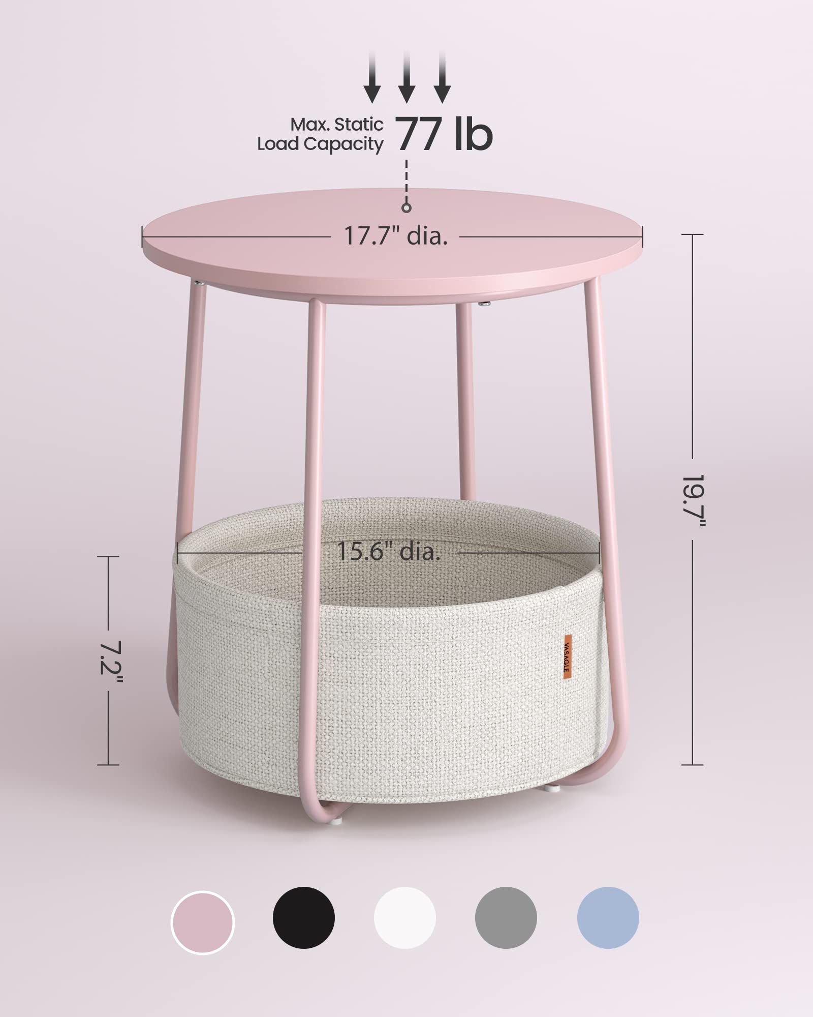 VASAGLE End Table, Small Bedside Table with Fabric Basket, Modern Nightstand, Round Side Table, for Living Room, Bedroom, Jelly Pink and Cream White ULET223R61 - The One Stop Deals