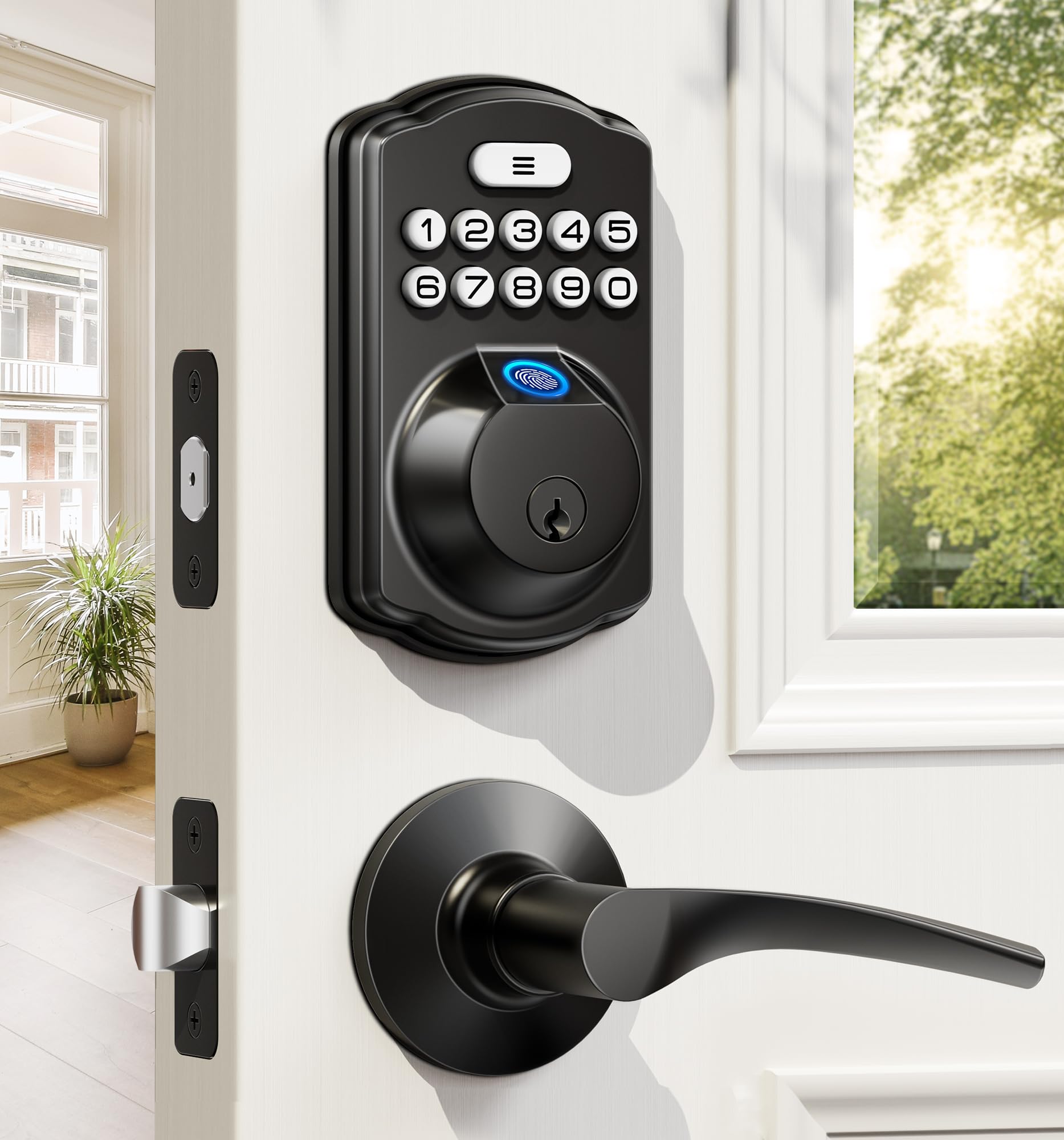 Veise Fingerprint Door Lock with 2 Lever Handles - Keyless Entry Door Lock, Electronic Keypad Deadbolt, Digital Smart Code & Front Handle Sets, Auto - Locking, Easy Installation, Matte Black - The One Stop Deals