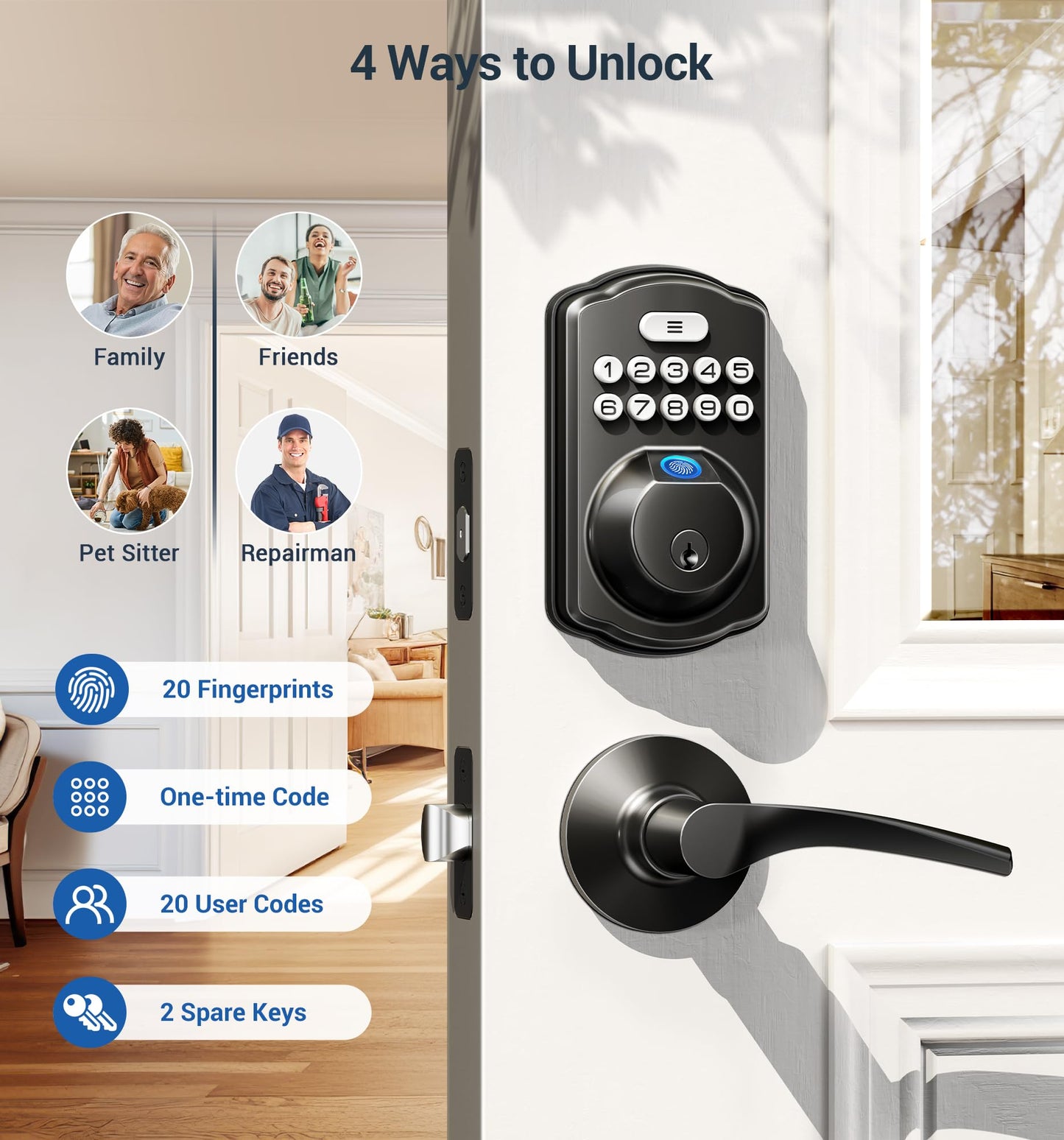 Veise Fingerprint Door Lock with 2 Lever Handles - Keyless Entry Door Lock, Electronic Keypad Deadbolt, Digital Smart Code & Front Handle Sets, Auto - Locking, Easy Installation, Matte Black - The One Stop Deals