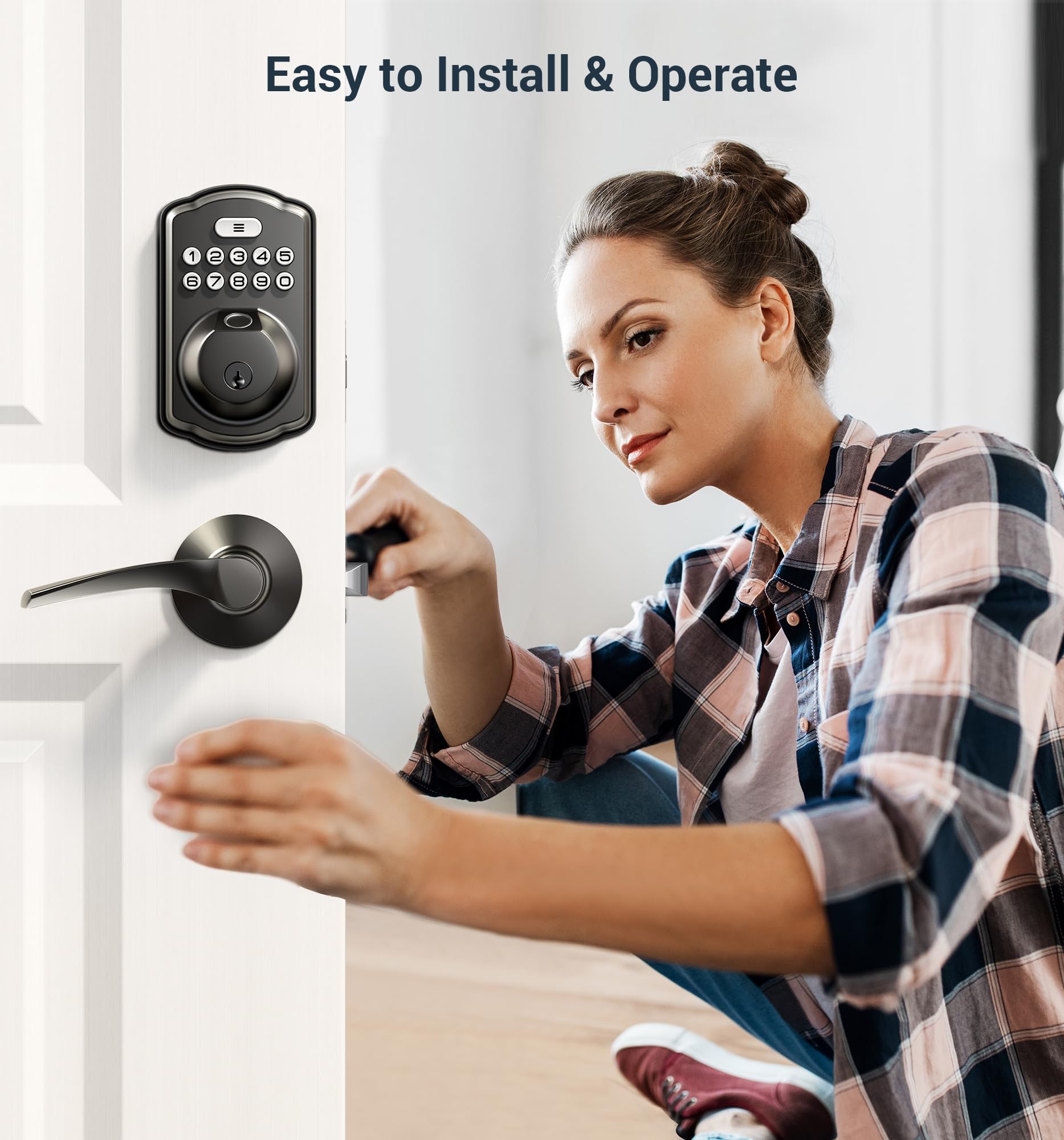 Veise Fingerprint Door Lock with 2 Lever Handles - Keyless Entry Door Lock, Electronic Keypad Deadbolt, Digital Smart Code & Front Handle Sets, Auto - Locking, Easy Installation, Matte Black - The One Stop Deals