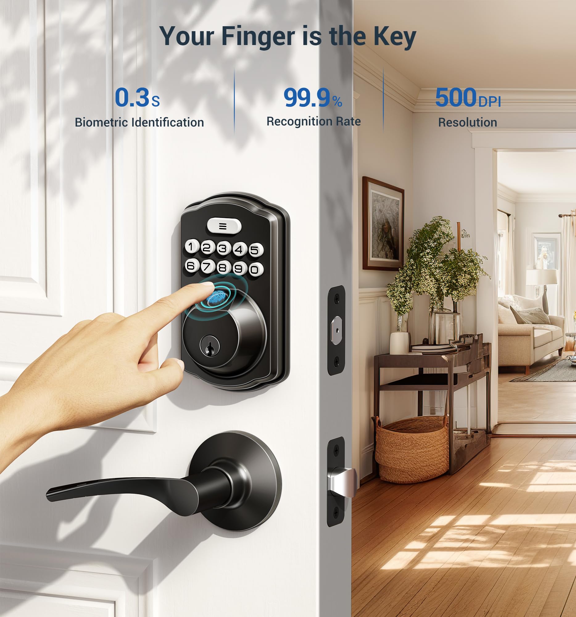 Veise Fingerprint Door Lock with 2 Lever Handles - Keyless Entry Door Lock, Electronic Keypad Deadbolt, Digital Smart Code & Front Handle Sets, Auto - Locking, Easy Installation, Matte Black - The One Stop Deals