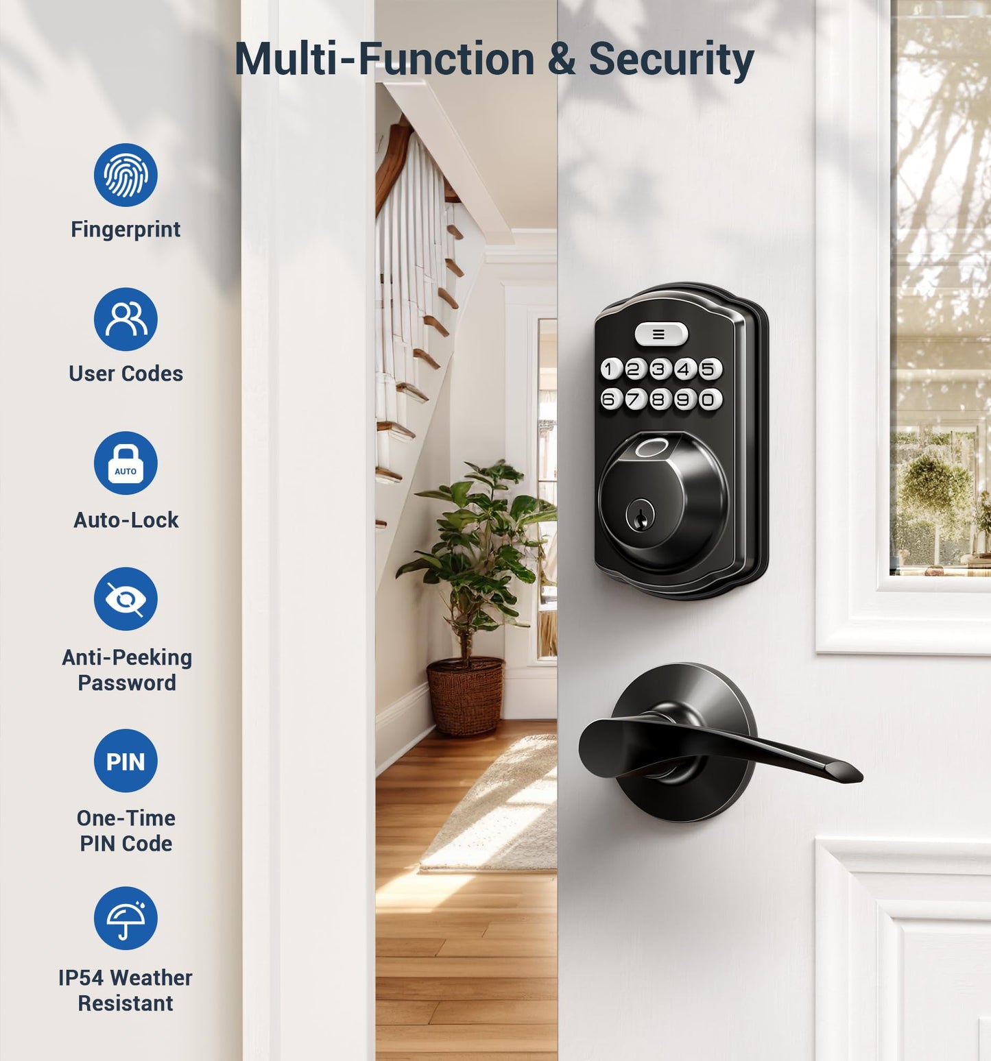 Veise Fingerprint Door Lock with 2 Lever Handles - Keyless Entry Door Lock, Electronic Keypad Deadbolt, Digital Smart Code & Front Handle Sets, Auto - Locking, Easy Installation, Matte Black - The One Stop Deals