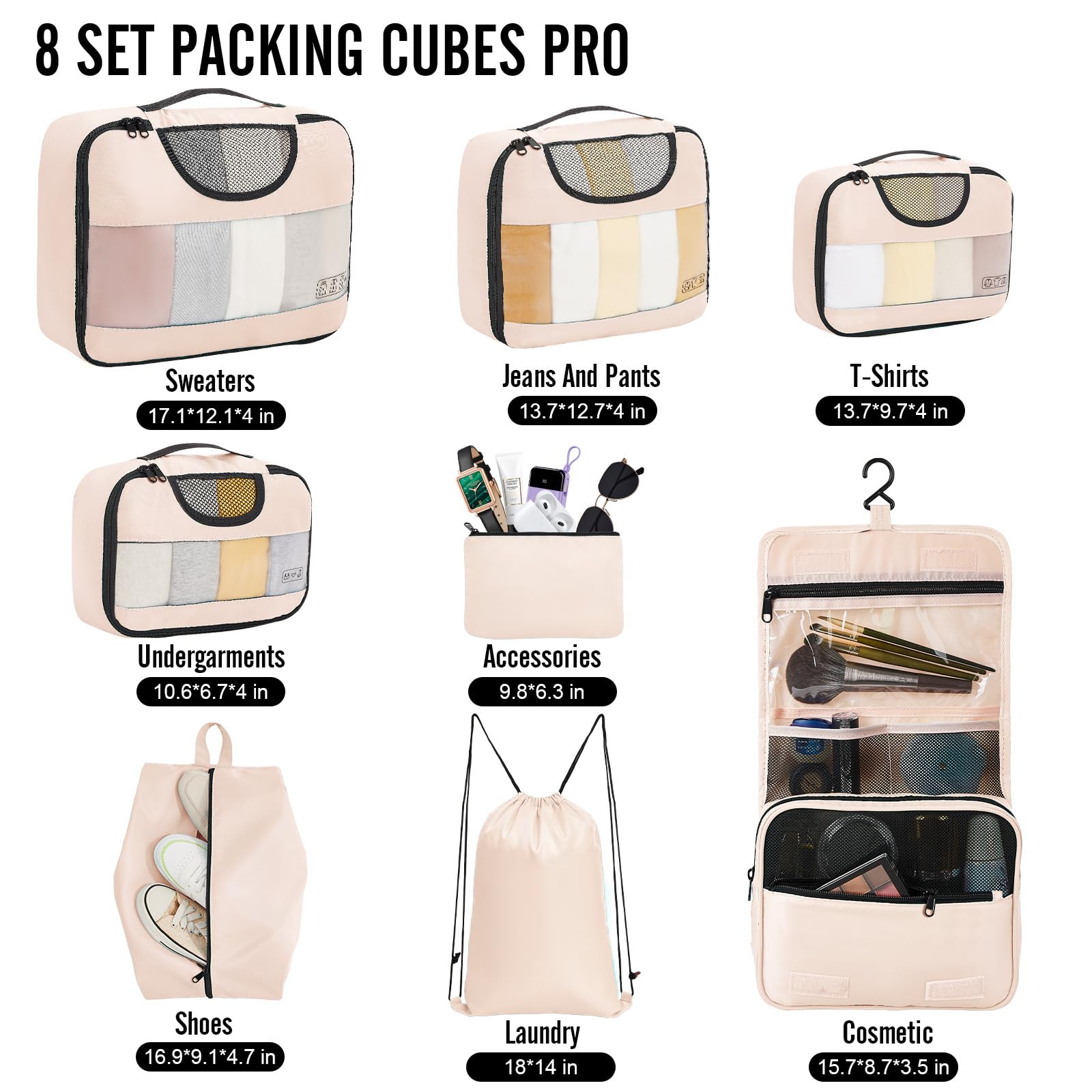 Veken 8 Set Packing Cubes for Travel, Gifts for Women Mom, Suitcase Organizer Bags for Luggage with Hanging Toiletry Bag and Shoe Bag, Vacation Essentials Travel Accessories for Cruise Ship - The One Stop Deals