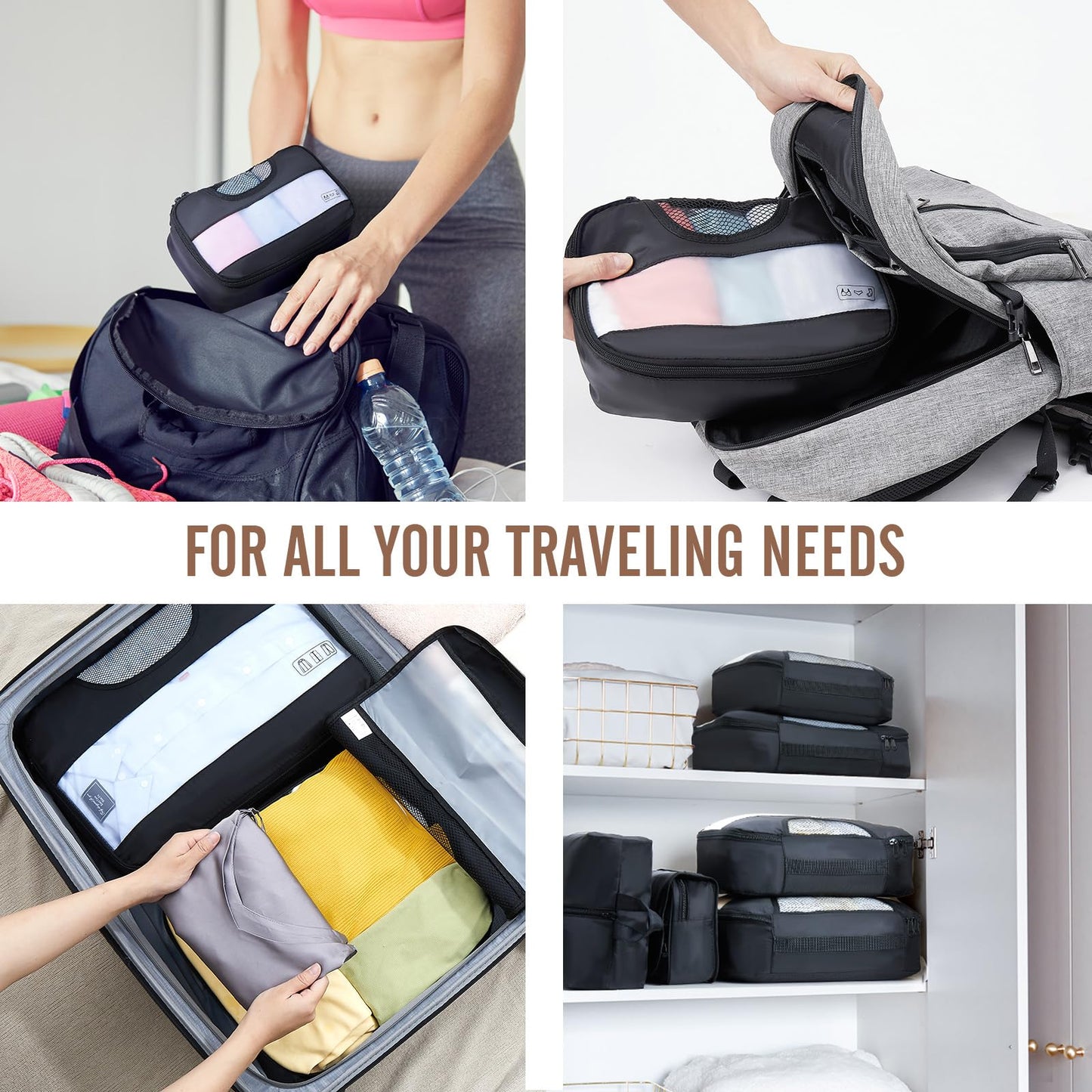 Veken 8 Set Packing Cubes for Travel, Suitcase Essentials Organizer Bags Set for Luggage, Road Trip Travel Accessories in 4 Sizes (Extra Large, Large, Medium, Small), Black - The One Stop Deals