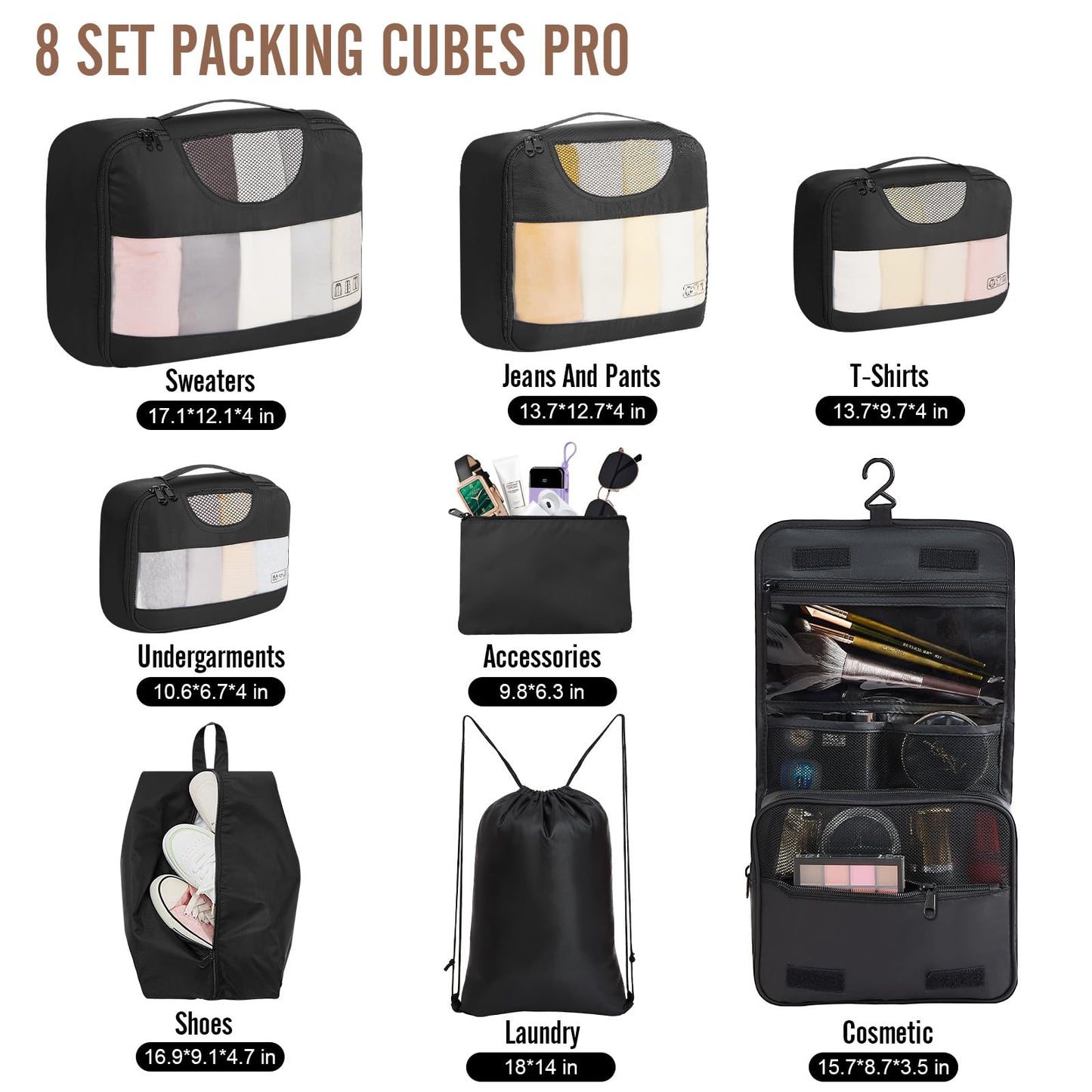 Veken 8 Set Packing Cubes for Travel, Suitcase Essentials Organizer Bags Set for Luggage, Road Trip Travel Accessories in 4 Sizes (Extra Large, Large, Medium, Small), Black - The One Stop Deals