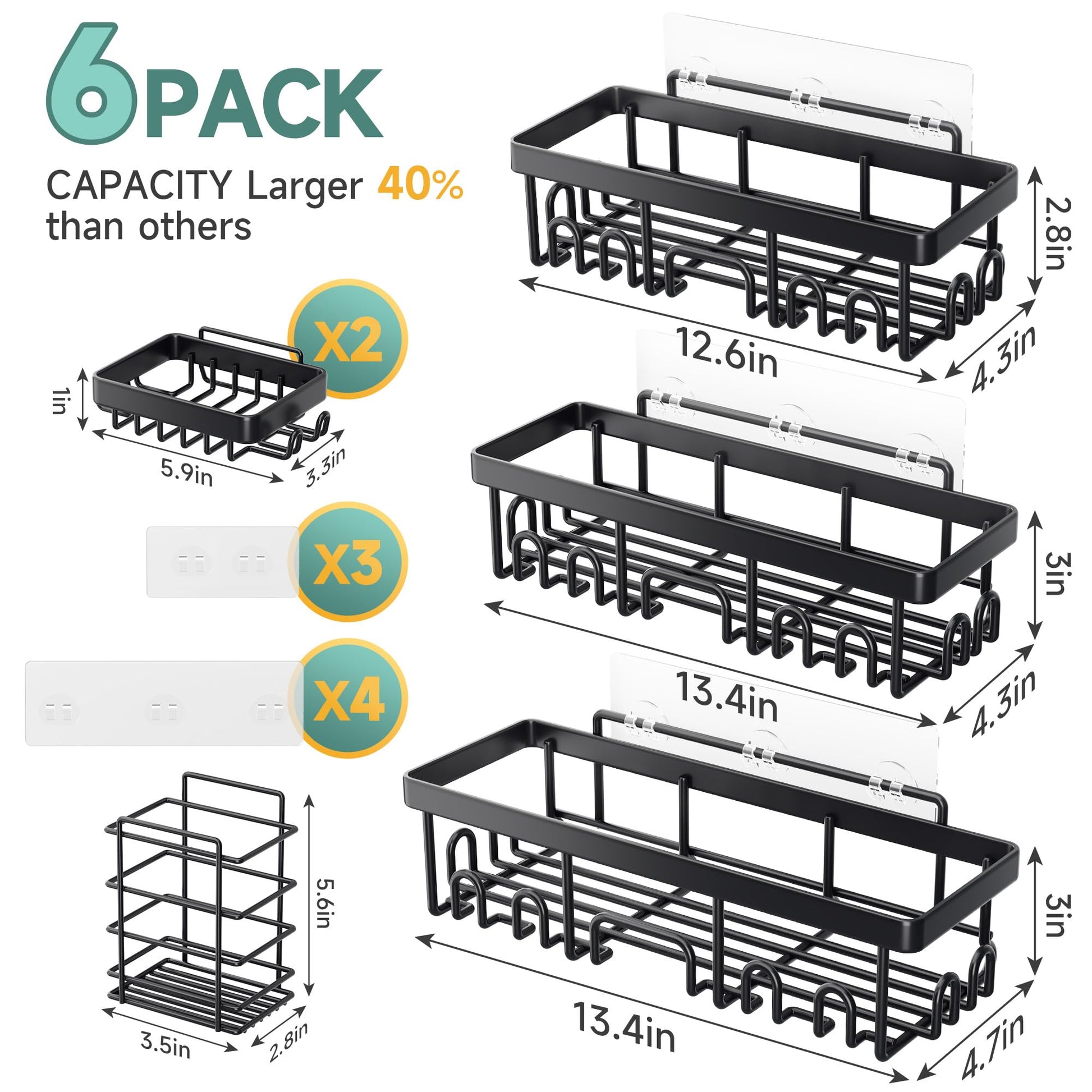 Veken Stainless Steel Shower Caddy 6 - Pack, Adhesive Rustproof Shelves Rack with Soap Holder, Large Capacity Bathroom Organizers and Storage, No Drilling Wall - Mounted Kitchen & Home Decor, Bath Decor - The One Stop Deals