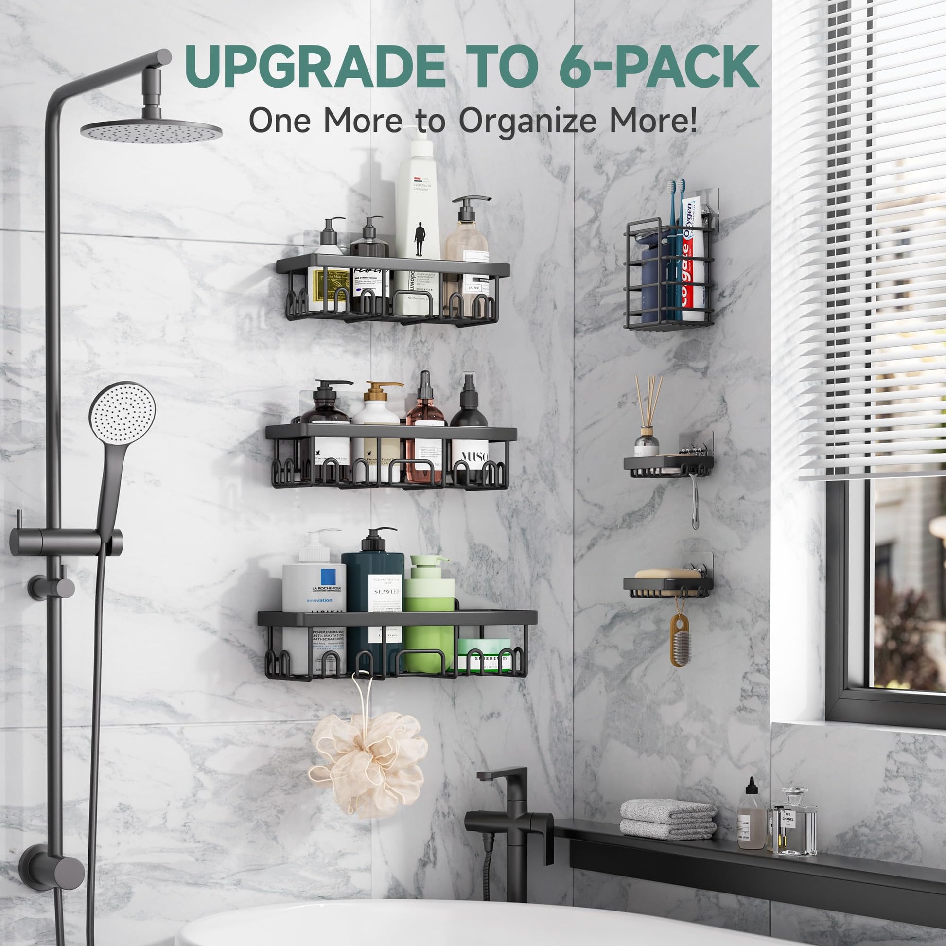 Veken Stainless Steel Shower Caddy 6 - Pack, Adhesive Rustproof Shelves Rack with Soap Holder, Large Capacity Bathroom Organizers and Storage, No Drilling Wall - Mounted Kitchen & Home Decor, Bath Decor - The One Stop Deals