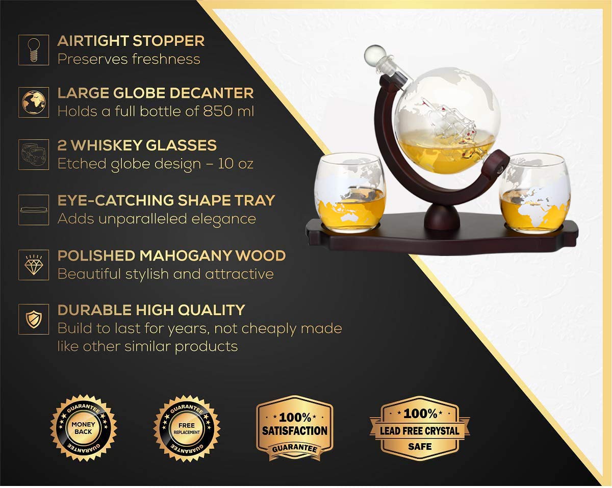 Verolux Whiskey Globe Decanter Set with 2 Etched Globe Glasses in Gift Box - Home Bar Accessories for Liquor, Whiskey, Brandy, Gin, Rum, Tequila, Vodka, and Brandy - The One Stop Deals