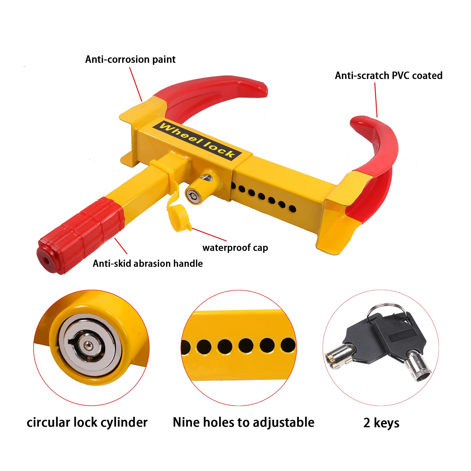 Wheel Lock Universal Security Trailer Wheel Locks Tire Anti Theft Adjustable 7" to 11" Tire Width A Heavy Duty for Trailers Car SUV Boat Motorcycle Golf Cart Red/Yellow Color with 4 Keys 2 Packs - The One Stop Deals