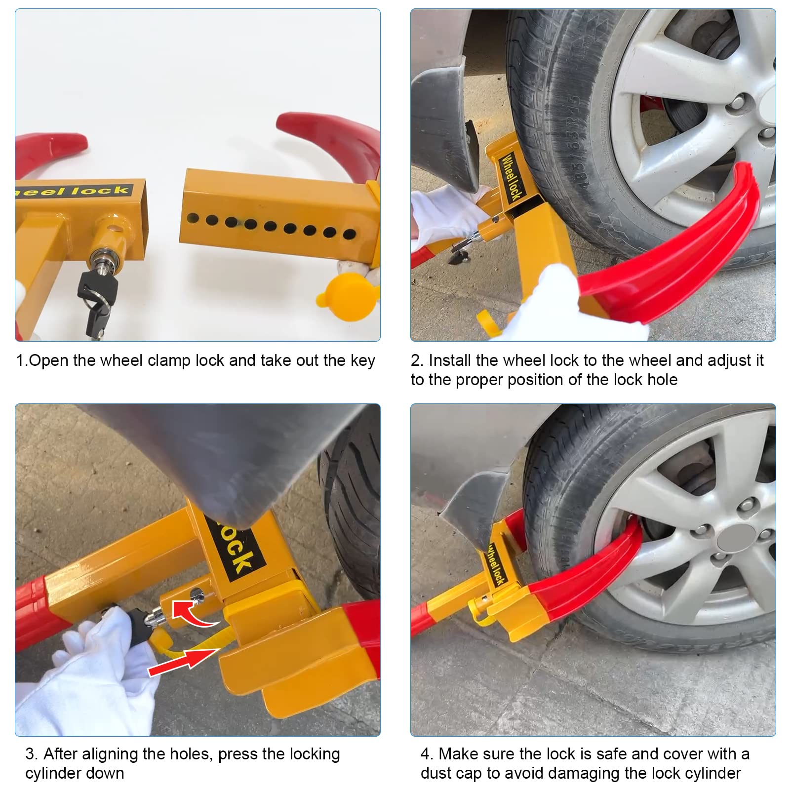 Wheel Lock Universal Security Trailer Wheel Locks Tire Anti Theft Adjustable 7" to 11" Tire Width A Heavy Duty for Trailers Car SUV Boat Motorcycle Golf Cart Red/Yellow Color with 4 Keys 2 Packs - The One Stop Deals