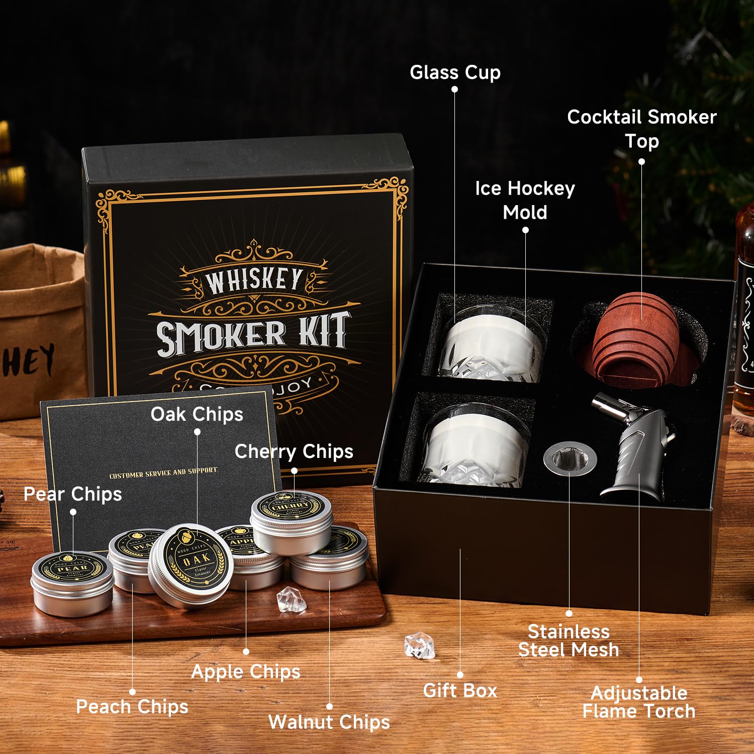 Whiskey Smoker Kit with Torch - 6 Flavors Wood Chips, 2 Glasses, 2 Ice Ball Molds - Cocktail Smoker Infuser Kit, Old Fashioned Drink Smoker Kit, Birthday Bourbon Whiskey Gifts for Men,Dad(NO Butane) - The One Stop Deals