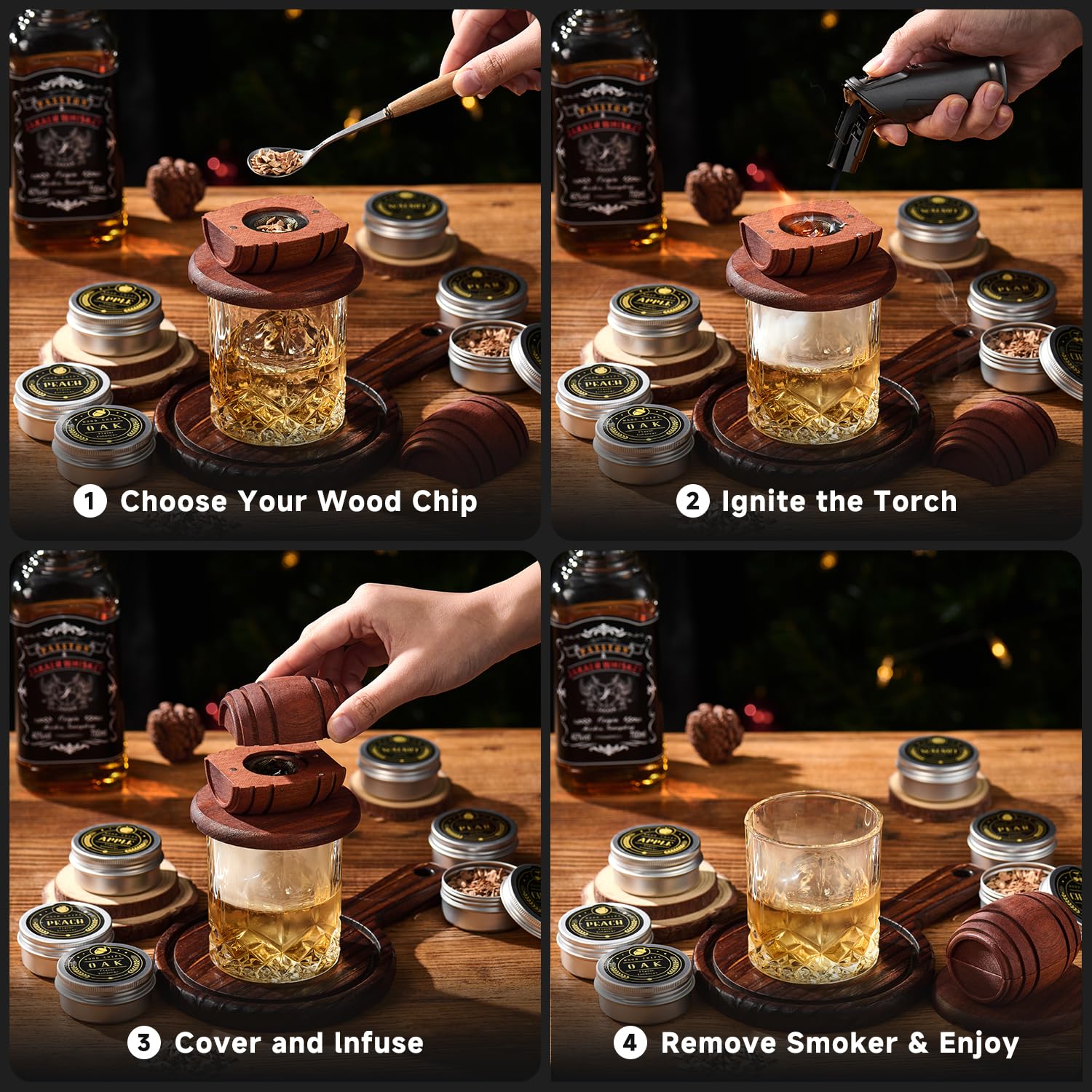 Whiskey Smoker Kit with Torch - 6 Flavors Wood Chips, 2 Glasses, 2 Ice Ball Molds - Cocktail Smoker Infuser Kit, Old Fashioned Drink Smoker Kit, Birthday Bourbon Whiskey Gifts for Men,Dad(NO Butane) - The One Stop Deals