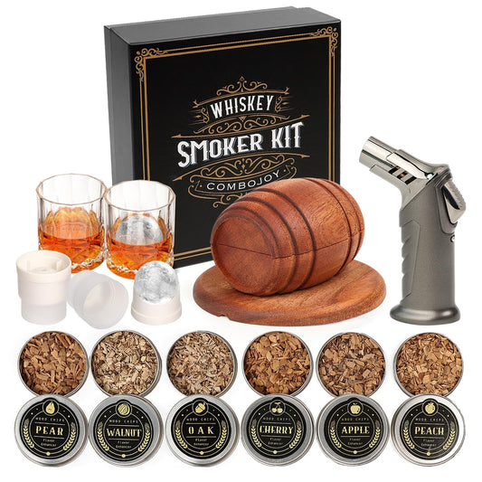 Whiskey Smoker Kit with Torch - 6 Flavors Wood Chips, 2 Glasses, 2 Ice Ball Molds - Cocktail Smoker Infuser Kit, Old Fashioned Drink Smoker Kit, Birthday Bourbon Whiskey Gifts for Men,Dad(NO Butane) - The One Stop Deals