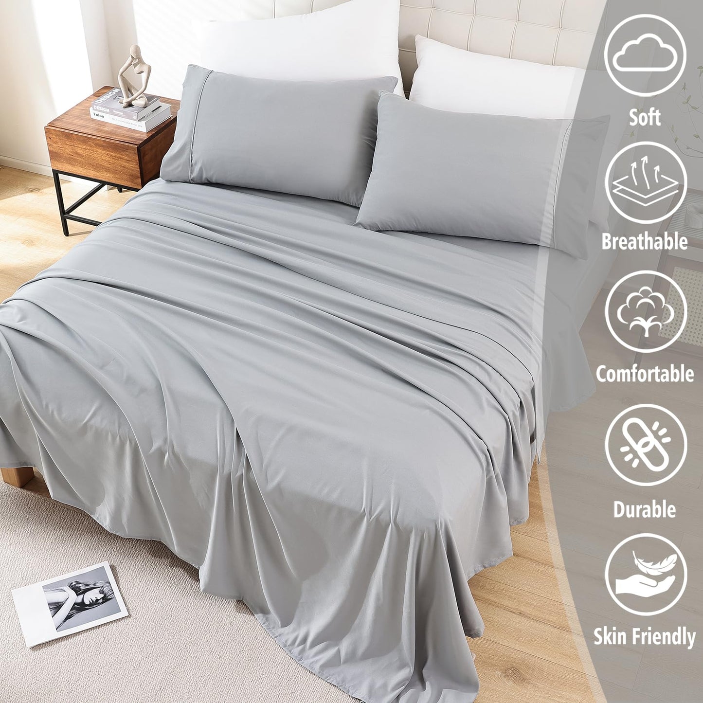 Whitney Home Textile Twin Size Sheet Set - Luxury Soft Comfy Bed Sheets, Breathable Cooling Hotel Bedding for Women, Men, Teens, Extra Deep Pocket, Easy - Fit, Oeko - Tex, Wrinkle Free 3 Piece - Grey - The One Stop Deals