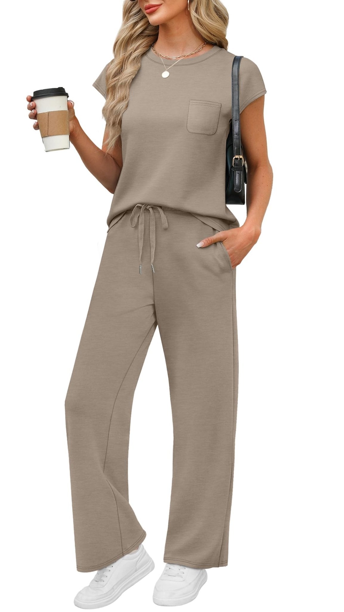 WIHOLL Airport Outfits for Women 2025 Summer Two Piece Sets Crew Neck Trendy Womens Loungewear Lounge Set Cozy Casual Beach Vacation Outfits High Waist Pants Clothing Going Out Jogger Sets Coffee L - The One Stop Deals