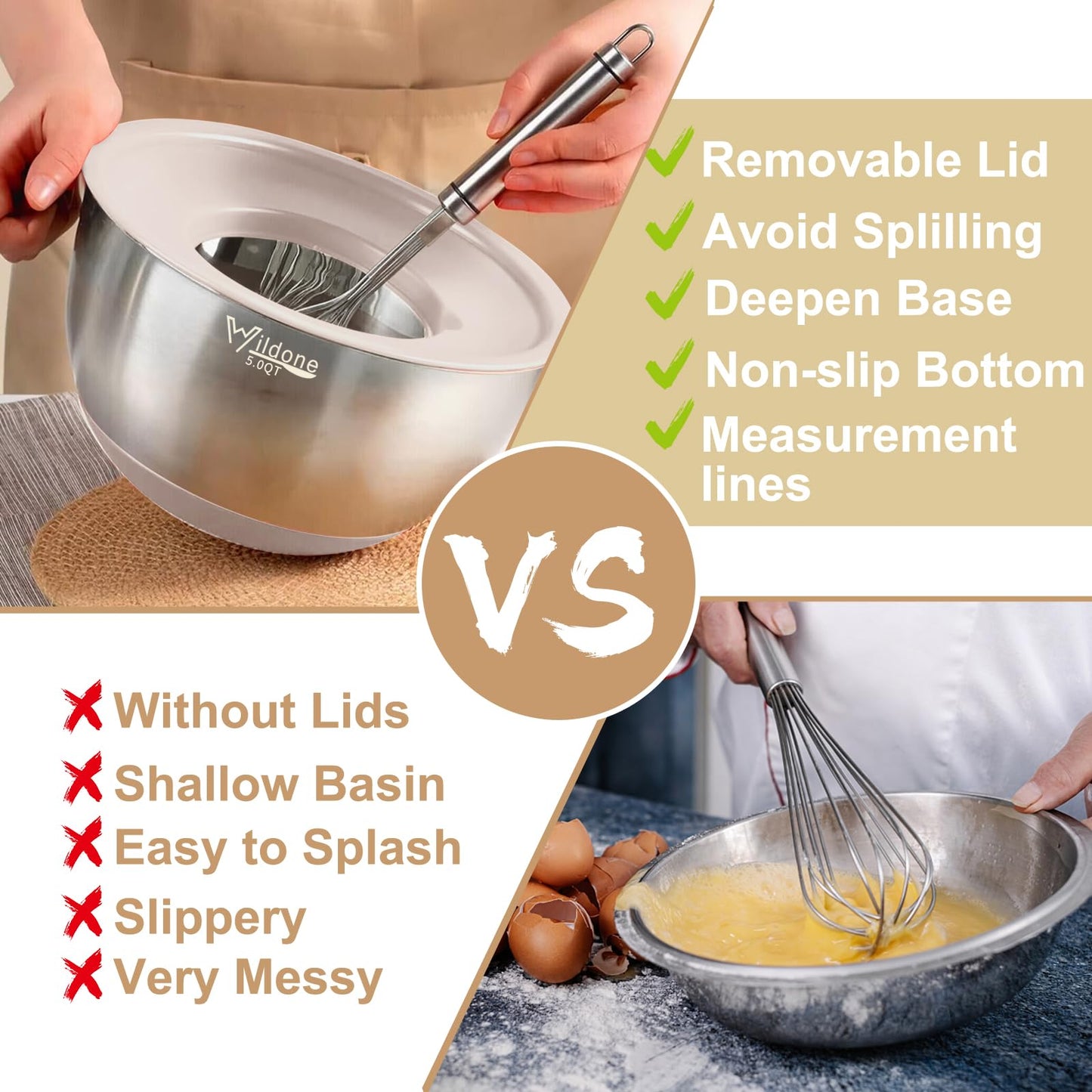 Wildone Mixing Bowls with Airtight Lids, 27 PCS Stainless Steel Nesting Bowls, with 3 Grater Attachments, Scale Mark & Non - Slip Bottom, Size 5, 4, 3, 2, 1.5, 1, 0.63QT, Ideal for Mixing & Prepping - The One Stop Deals