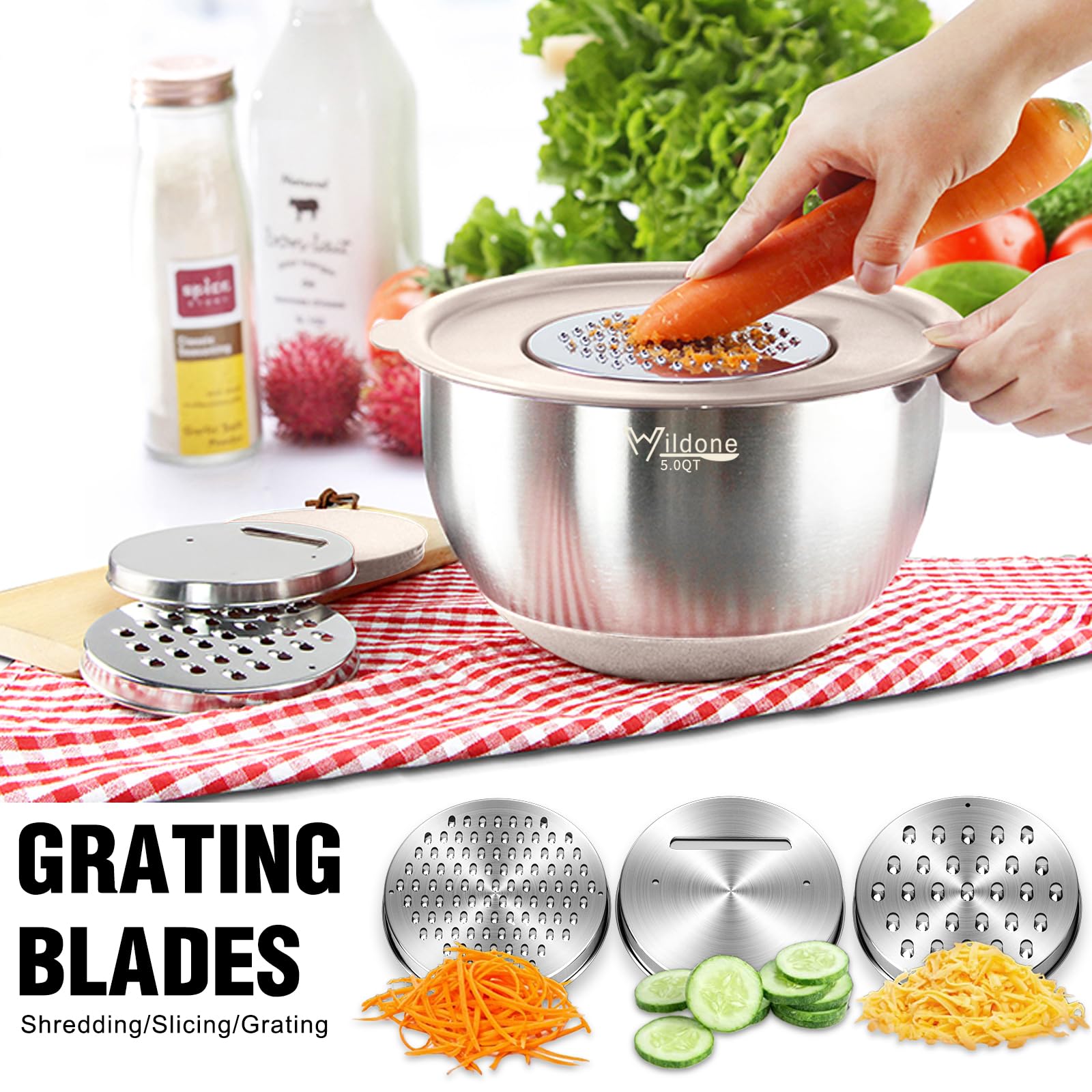 Wildone Mixing Bowls with Airtight Lids, 27 PCS Stainless Steel Nesting Bowls, with 3 Grater Attachments, Scale Mark & Non - Slip Bottom, Size 5, 4, 3, 2, 1.5, 1, 0.63QT, Ideal for Mixing & Prepping - The One Stop Deals