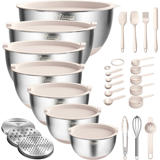 Wildone Mixing Bowls with Airtight Lids, 27 PCS Stainless Steel Nesting Bowls, with 3 Grater Attachments, Scale Mark & Non - Slip Bottom, Size 5, 4, 3, 2, 1.5, 1, 0.63QT, Ideal for Mixing & Prepping - The One Stop Deals