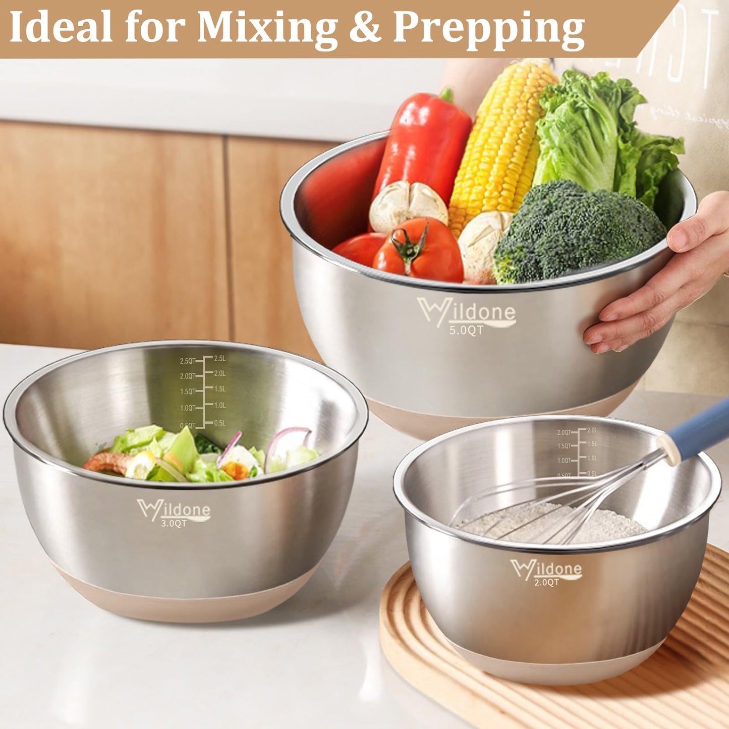 Wildone Mixing Bowls with Airtight Lids, 27 PCS Stainless Steel Nesting Bowls, with 3 Grater Attachments, Scale Mark & Non - Slip Bottom, Size 5, 4, 3, 2, 1.5, 1, 0.63QT, Ideal for Mixing & Prepping - The One Stop Deals