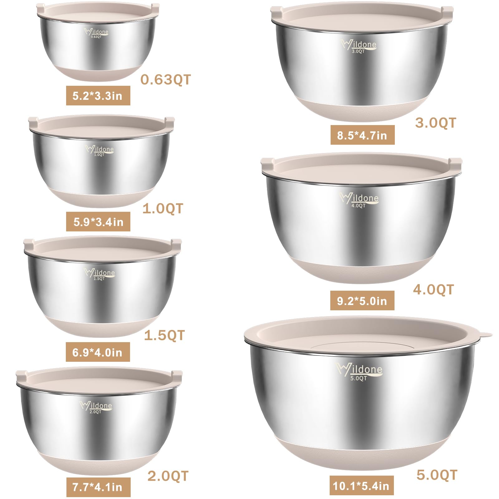 Wildone Mixing Bowls with Airtight Lids, 27 PCS Stainless Steel Nesting Bowls, with 3 Grater Attachments, Scale Mark & Non - Slip Bottom, Size 5, 4, 3, 2, 1.5, 1, 0.63QT, Ideal for Mixing & Prepping - The One Stop Deals