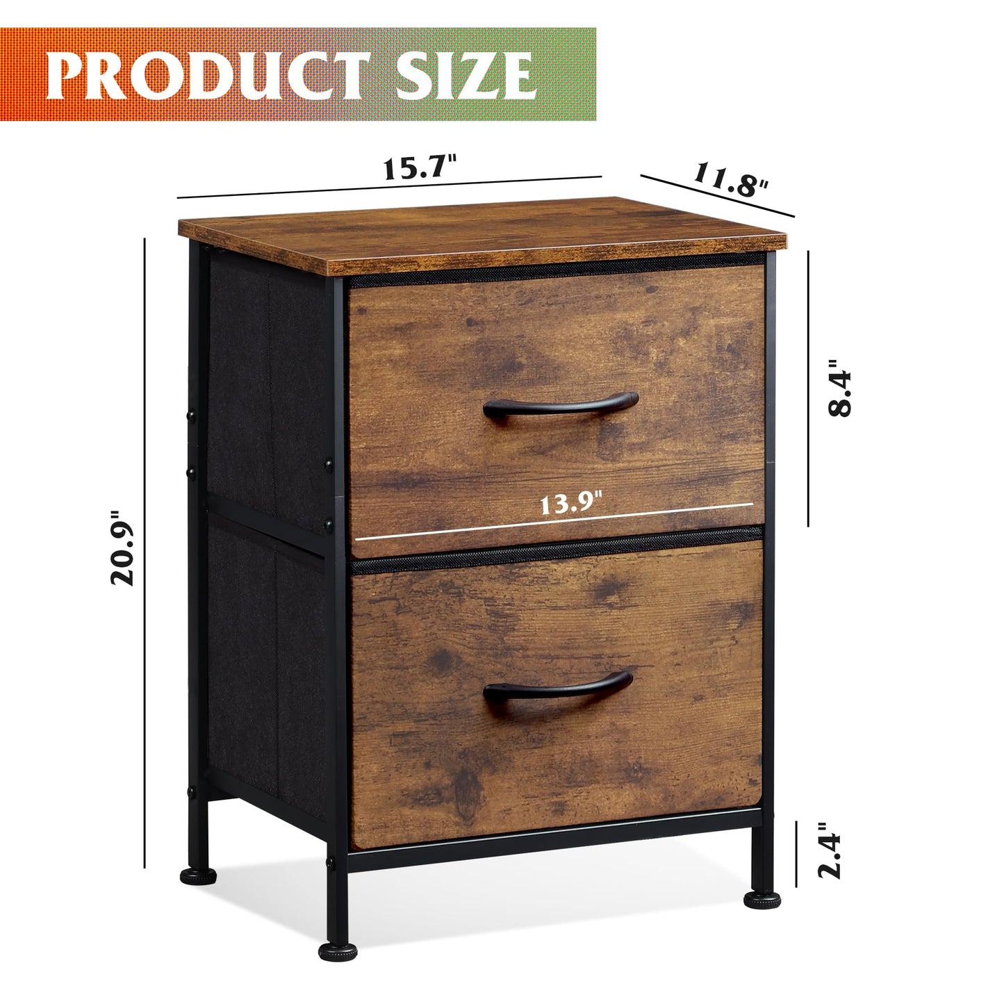 WLIVE Night Stand, Small 2 Drawer Dresser, Nightstand with Fabric Bins for Bedroom, Closet, Dorm, Rustic Brown Wood Grain Print, 11.8" D x 15.7" W x 20.9" H - The One Stop Deals