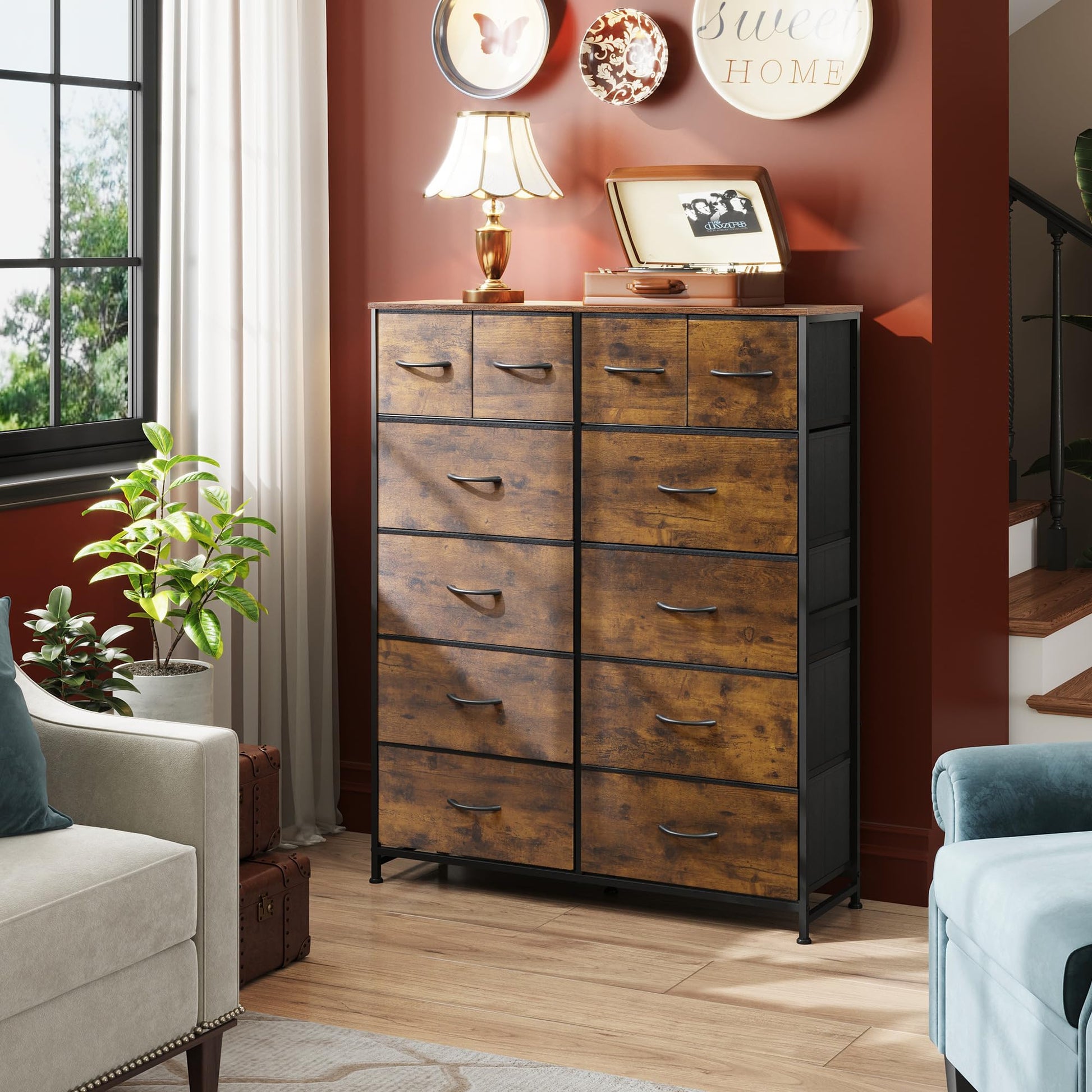 WLIVE Tall Dresser for Bedroom with 12 Drawers, Chests of Drawers, Fabric Dresser for Bedroom, Closet, Fabric Storage Dresser with Drawers, Steel Frame, Rustic Brown Wood Grain Print - The One Stop Deals