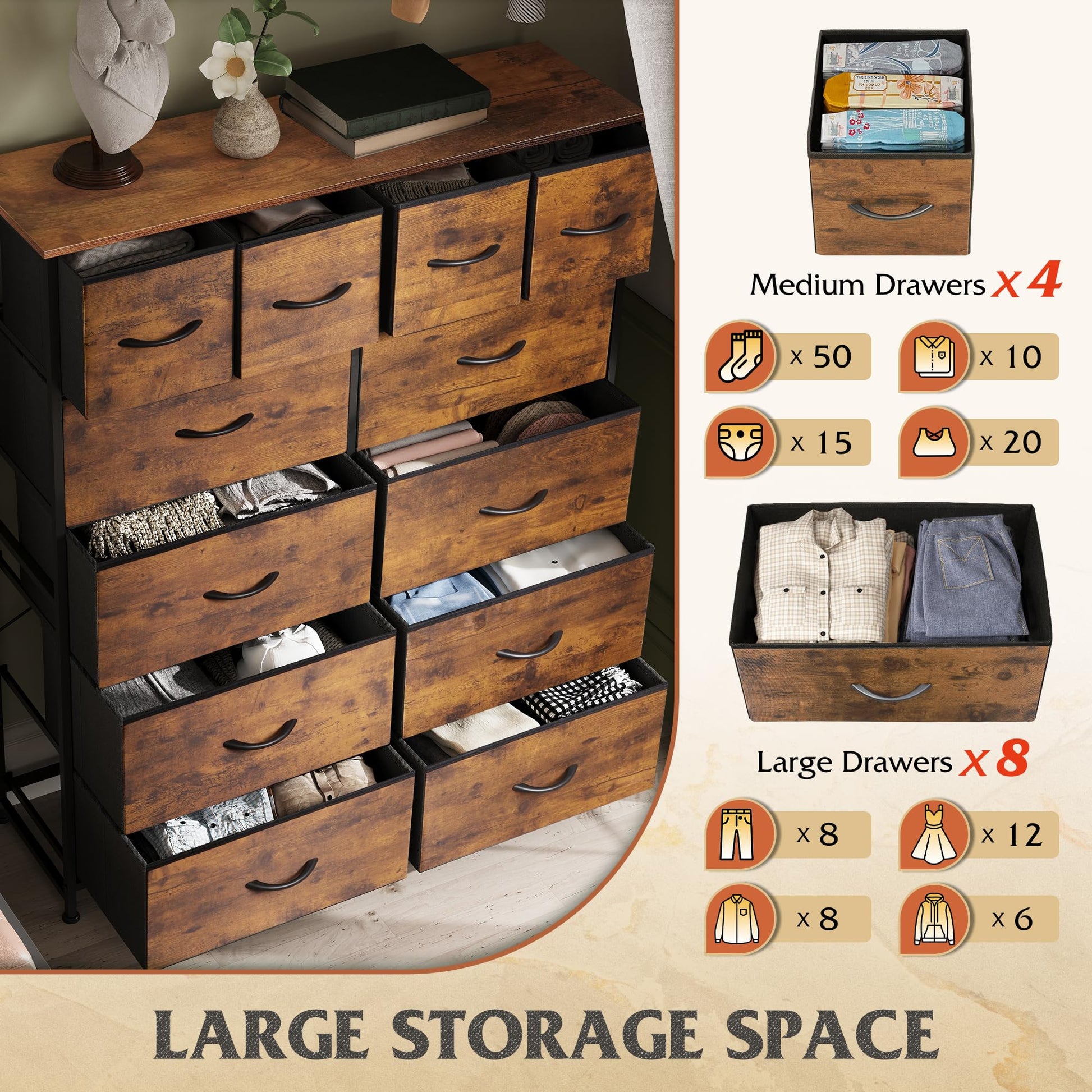 WLIVE Tall Dresser for Bedroom with 12 Drawers, Chests of Drawers, Fabric Dresser for Bedroom, Closet, Fabric Storage Dresser with Drawers, Steel Frame, Rustic Brown Wood Grain Print - The One Stop Deals