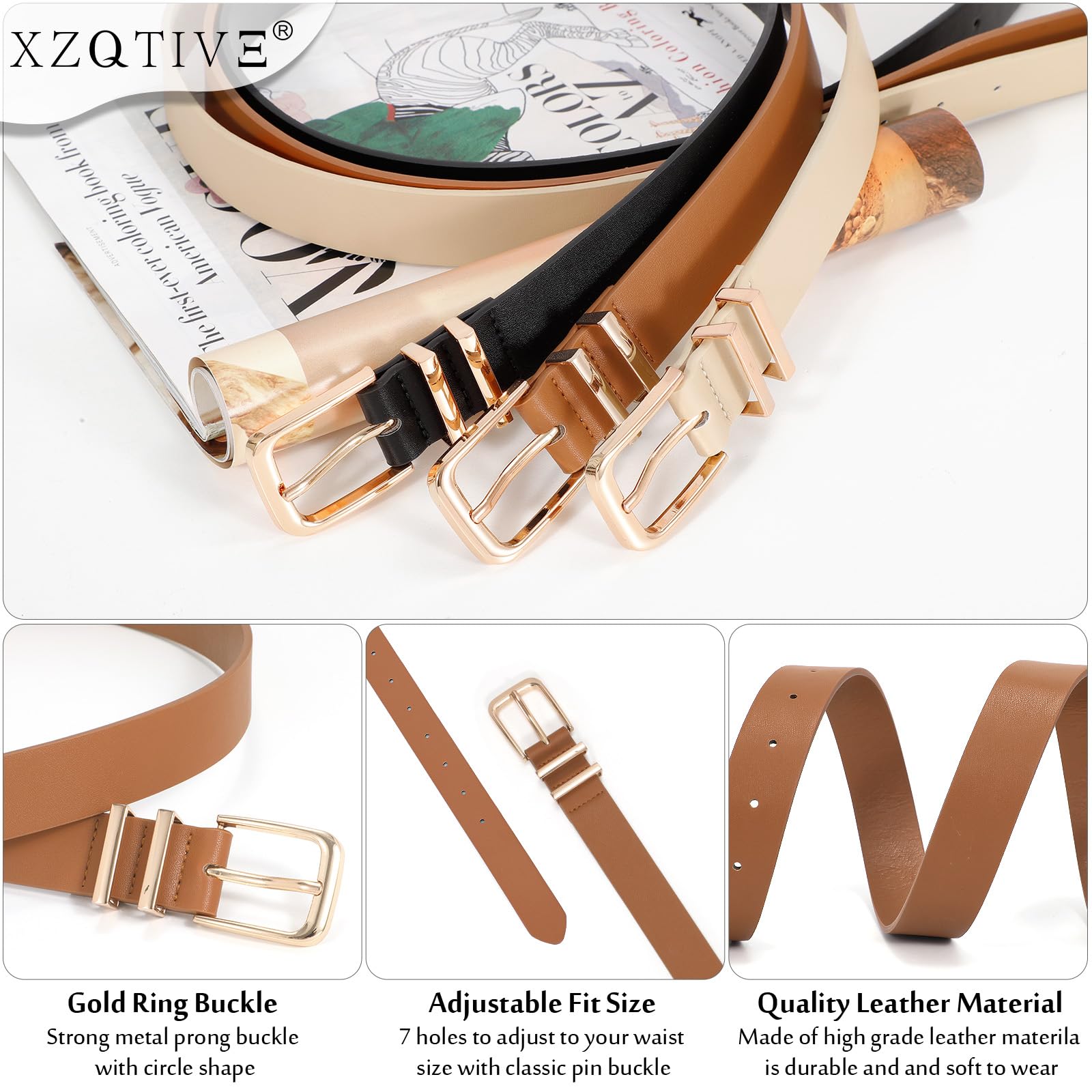 XZQTIVE 3 Pack Women Belts For Jeans Dresses Pants Ladies Leather Waist Belt with Gold Buckle - The One Stop Deals