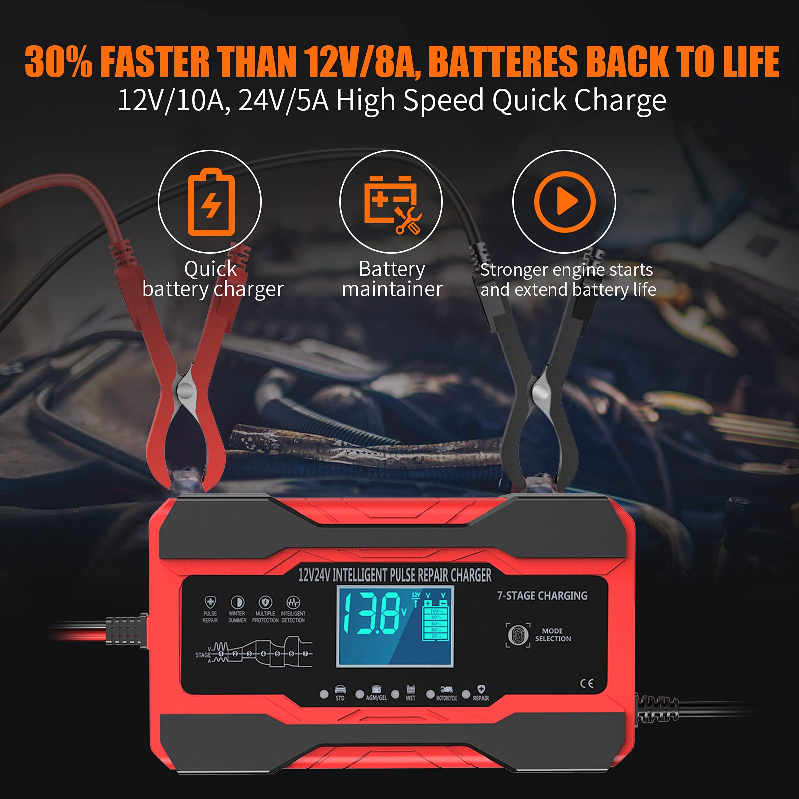 YONHAN Battery Charger 10 - Amp 12V and 24V Fully - Automatic Smart Car Battery Charger, Battery Maintainer Trickle Charger, and Battery Desulfator with Temperature Compensation - The One Stop Deals